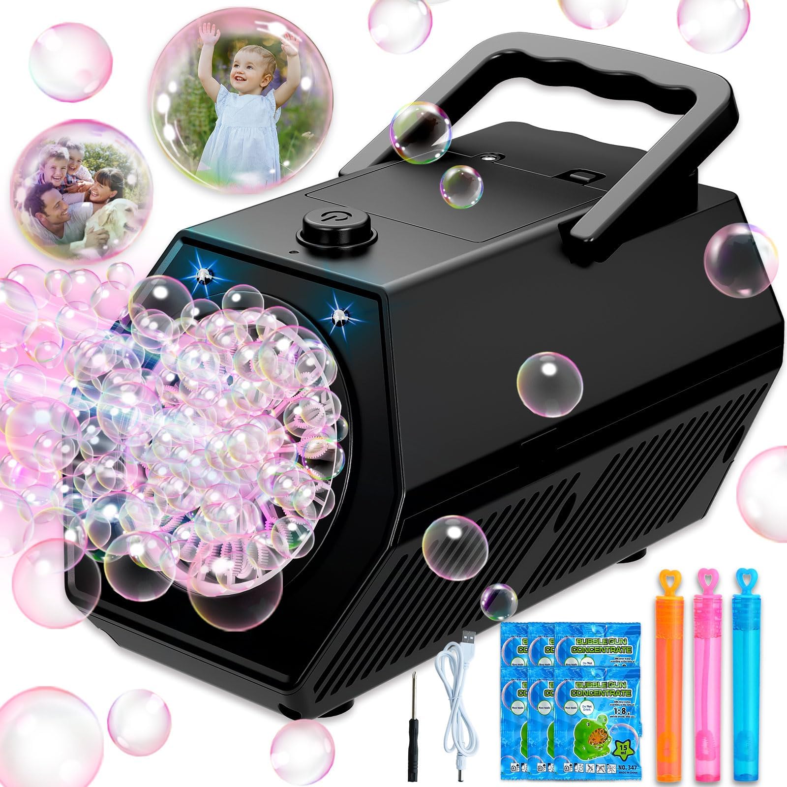Bubble Machine, Bubble Machine for Kids 15000+ Bubbles Per Minute with 2 Speeds Portable Bubble Blower Operated by Plugin or Batteries Bubbles Toy for Outdoor Yard Wedding Birthday Pool Party(BLACK)