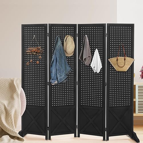 Miniatura 6 de VINGLI Tablero de clavijas independiente con patas de apoyo, organizador de tablero de exhibición de madera de 5 pies, pantalla de privacidad