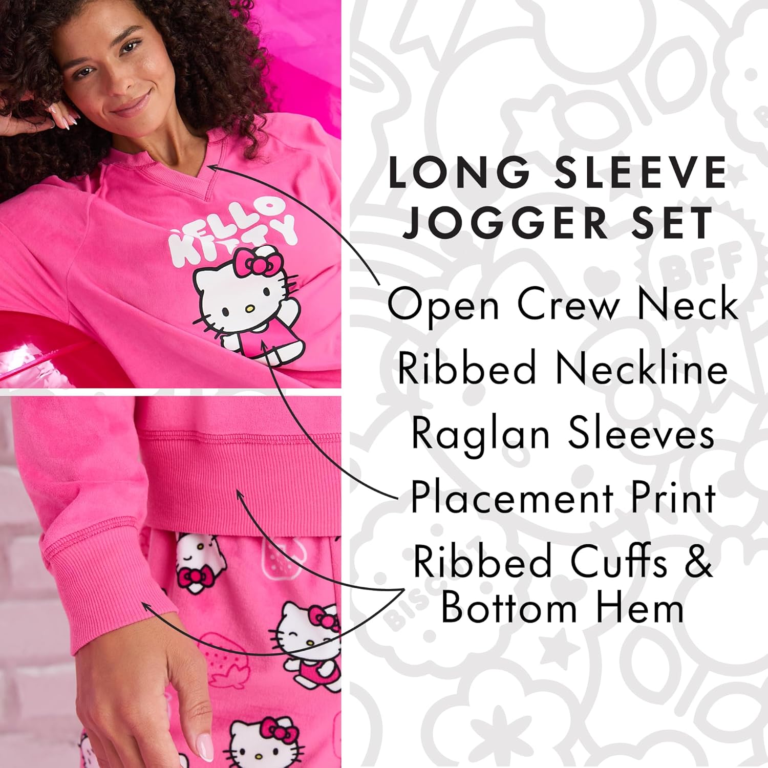 Richard Leeds International Womens Long Sleeve Pajama Top & Jogger Set - Hello Kitty | Pooh | Snoopy | Stitch - Soft PJs Set - Image 4