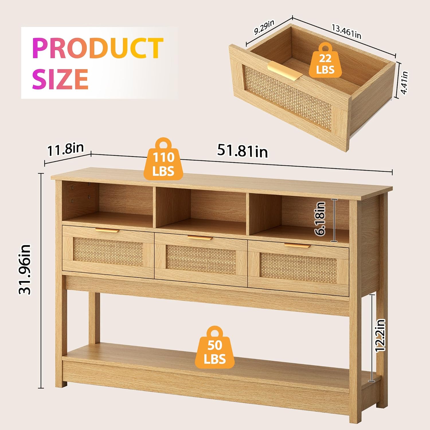 Damaged incomplete *knoworld Rattan Console Table, Boho Entryway Table Sofa Table with Storage, Hallway Foyer Table Behind Couch Table, Wood Console Tables Open Storage Shelf for Living Room, Hallway, Natural