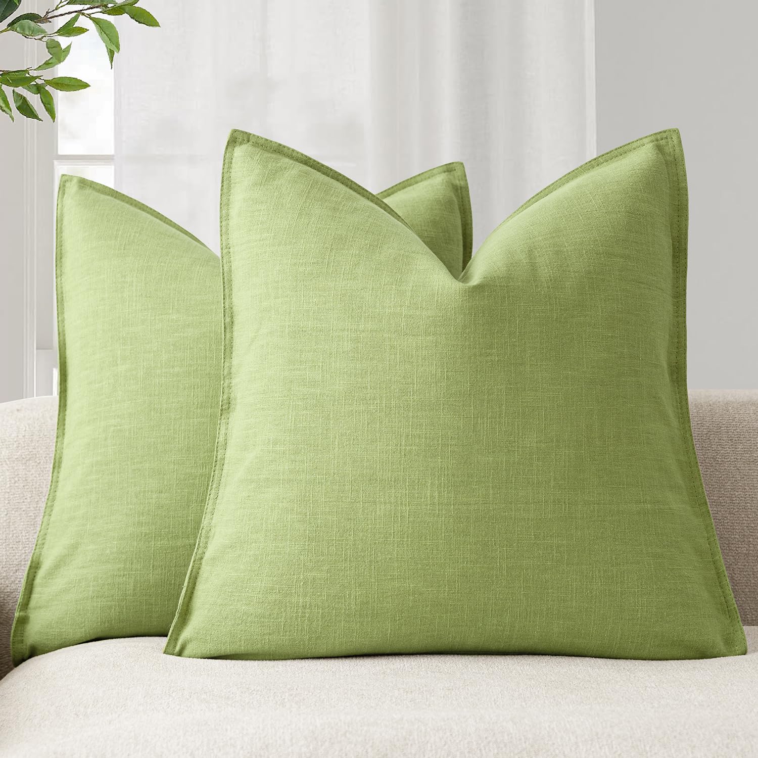 Foindtower Pack of 2, Decorative Linen Soild Throw Pillow Covers Soft Accent Euro Cushion Case Boho Farmhouse Pillowcase for Chair Couch Sofa Bedroom Living Room Home Decor 20 x 20 Inch Lush Green — image 1