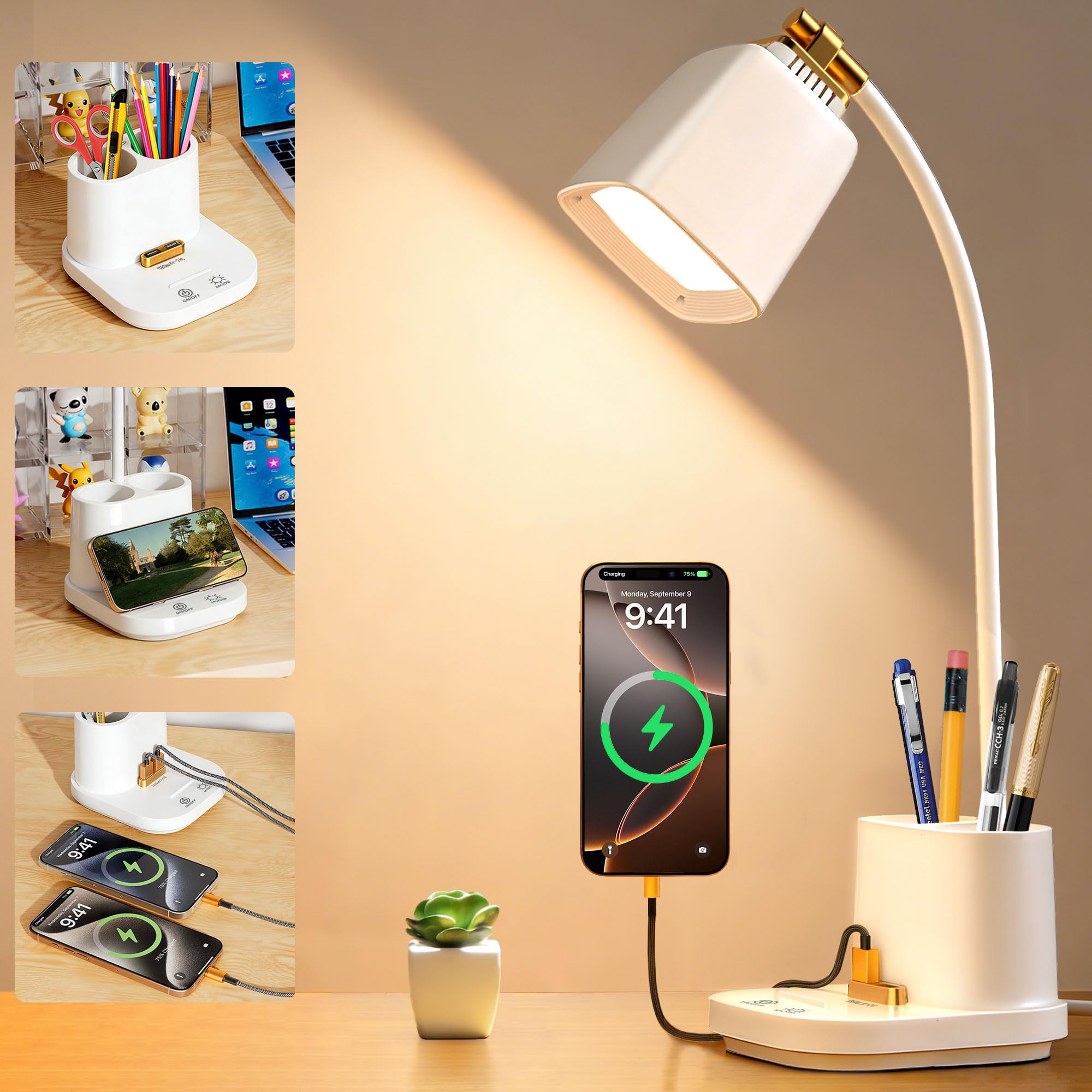 Hifireelf LED Desk Lamp USB Office Lamp with Pen Holder, Organizer, Reading Book Light, Stepless Dimming 3 Color Modes, Gooseneck Eye Caring LED Light Table Lamps with 2 USB 2 Pen Holders