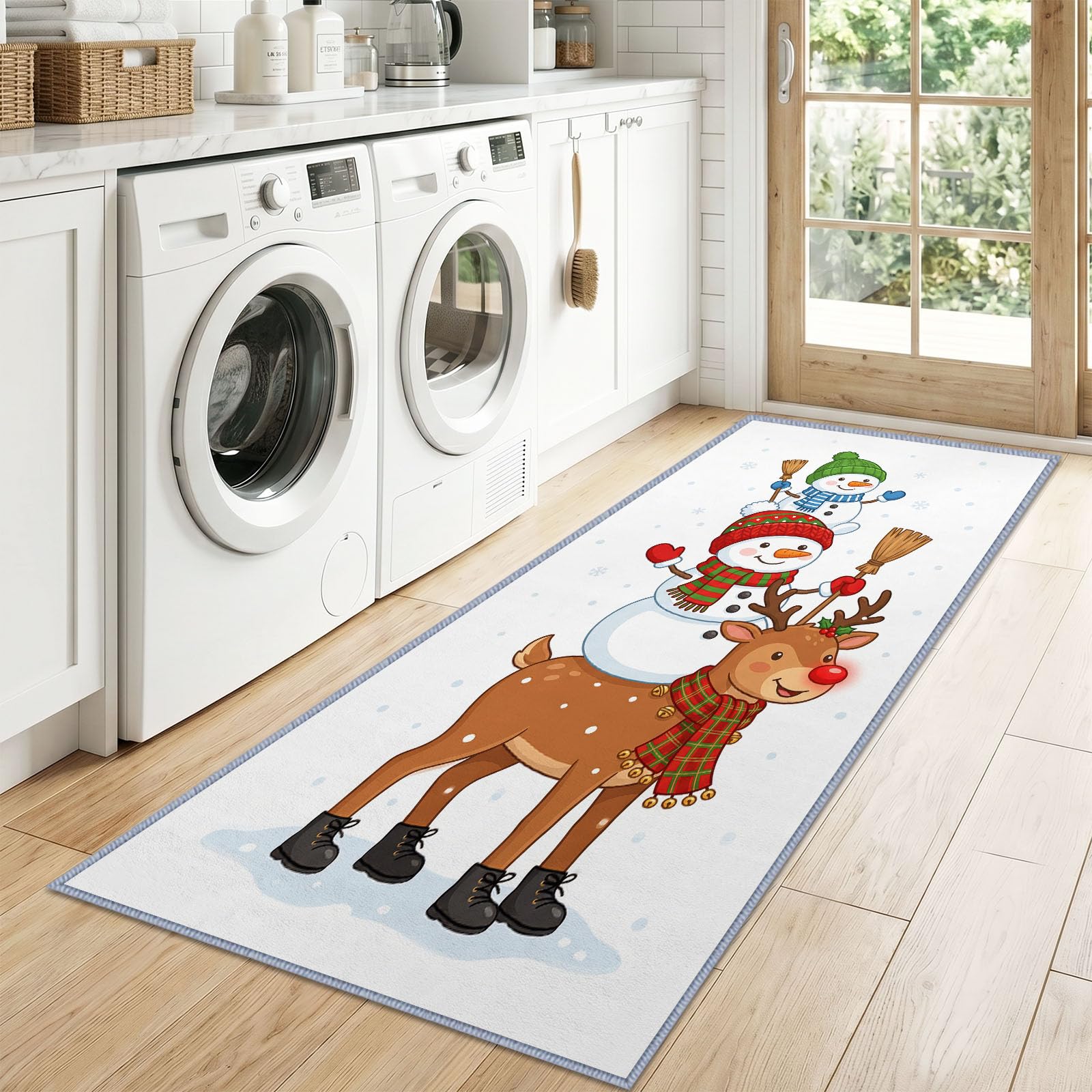 Renne Mignon Dessin Animé Noël Tapis Couloir Lavable en Machine 80x240cm