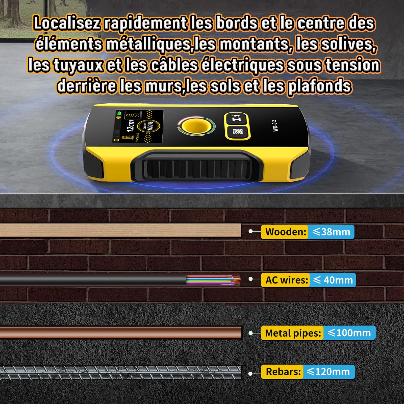 WD-02 Détecteur Mural, Détecteur De Montants Multifonction avec Écran TFT et Trou de Positionnement, Détecteur de Métaux pour le Centre et le Bord de Bois, Câble AC, Métal, Poutres, Chevrons, Tuyaux