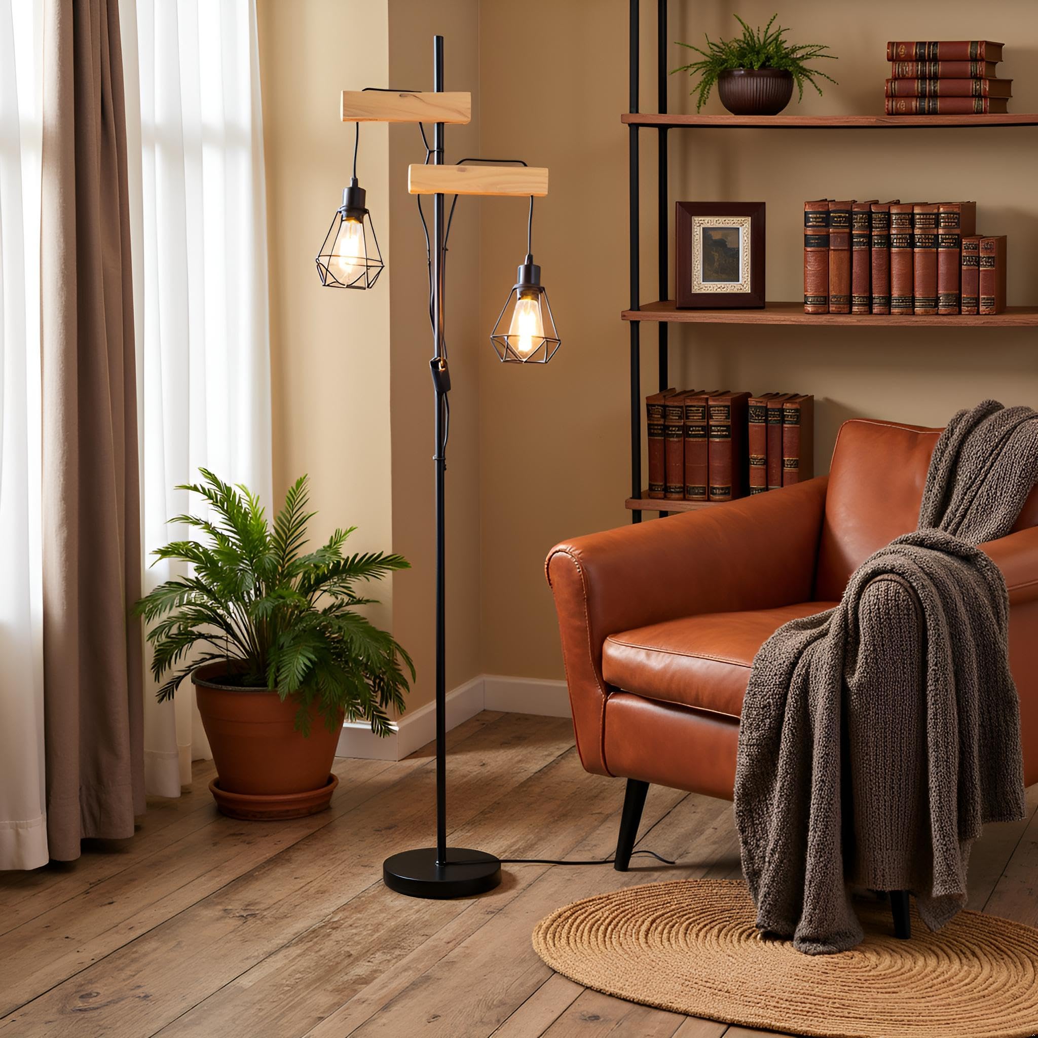 Industrielle Stehlampen 2-flammig E27 LED Glühbirne, Vintage rustikal Design mit Natür Holz und Schwarzem Metall, für Wohnzimmer esszimmer flur