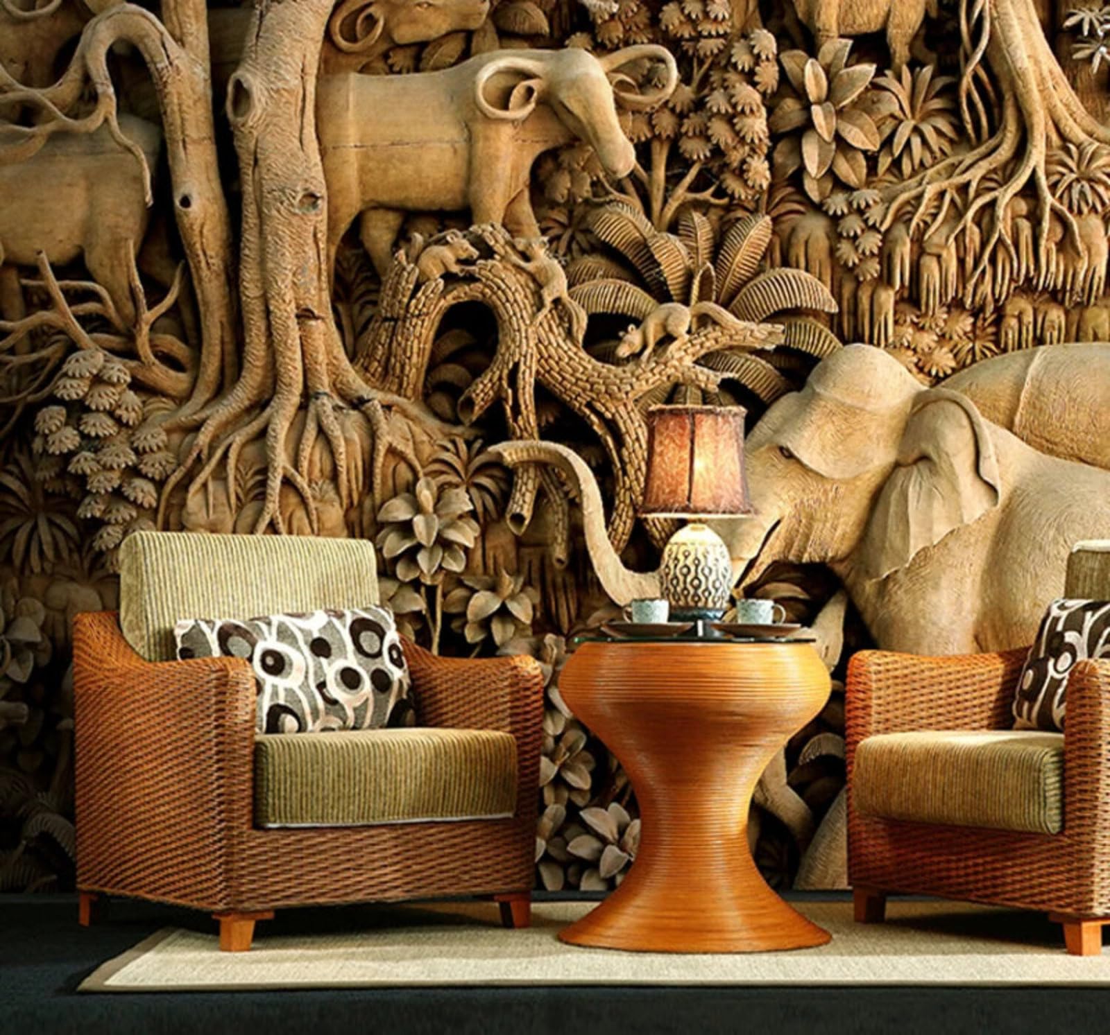 Wallpaper-3D-Xlm 350Cm×256Cm(B×H) Vintage Wood Carving Elephant Forest Art 3D Wallpaper Easy Install Feature Office Living Room Sofa Bedroom Tv Background Wall Decoration-350Cm×256Cm