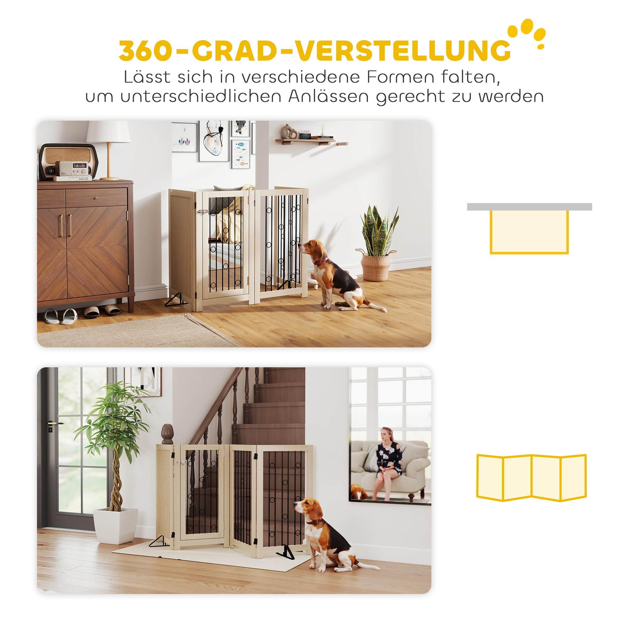 PawHut Absperrgitter Hund Faltbares 4 Paneelen HxB 91,5 x 205 cm Eiche | Freistehendes Schutzgitter, 2 Stützfüßen, Abschließbarer Tür, Haustiergitter Küche Kamin Tür