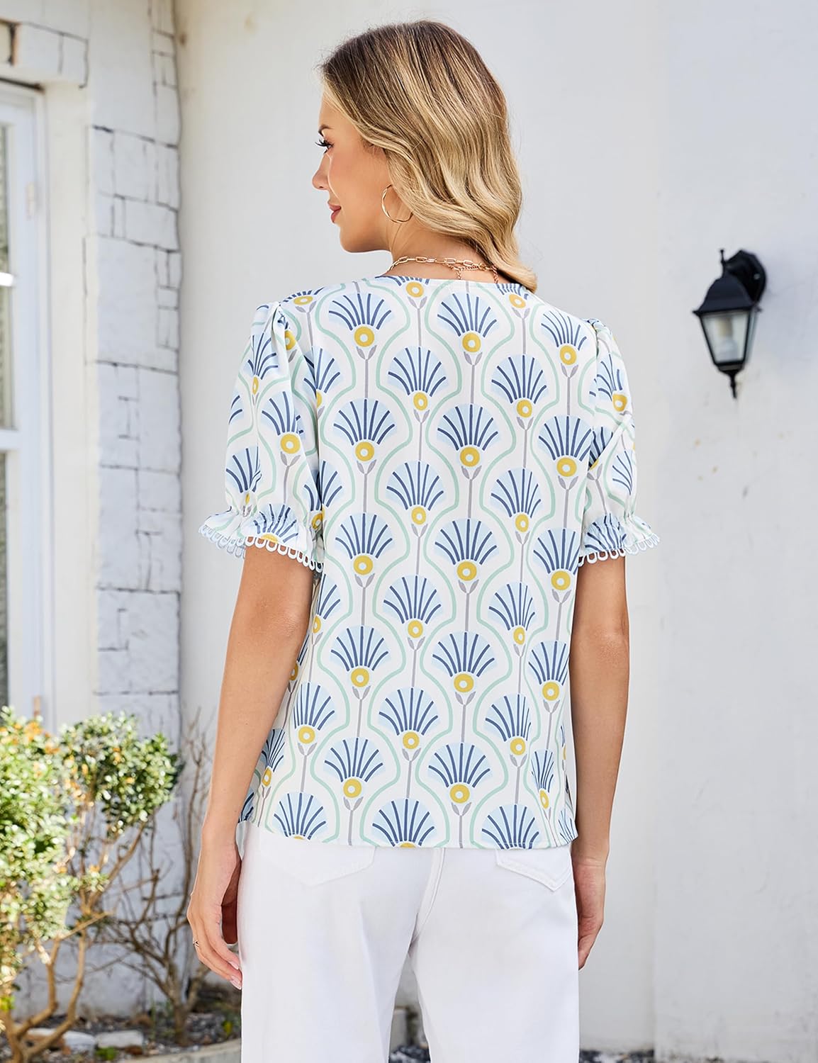 Blooming Jelly Womens Dressy Casual Blouses Puff Short Sleeve V Neck Shirts Ruffle Color Block Floral 2026 Tops - Image 2