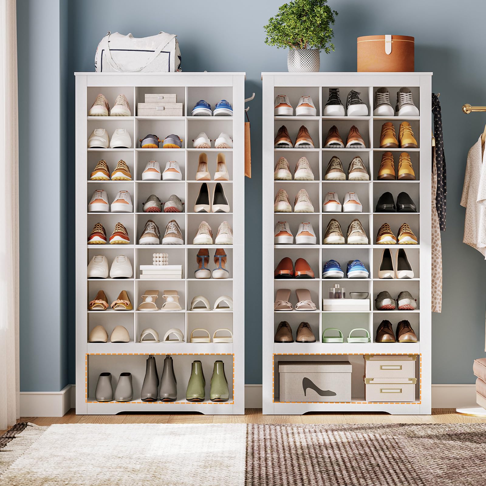 HOOBRO Zapatero Alto, Armario de Zapatos de 9 Niveles, Mueble para Zapatos Independiente con 24 Compartimentos y 3 Ganchos, para Entrada, Guardarropa, Sala de Estar, Blanco EWT24SC01