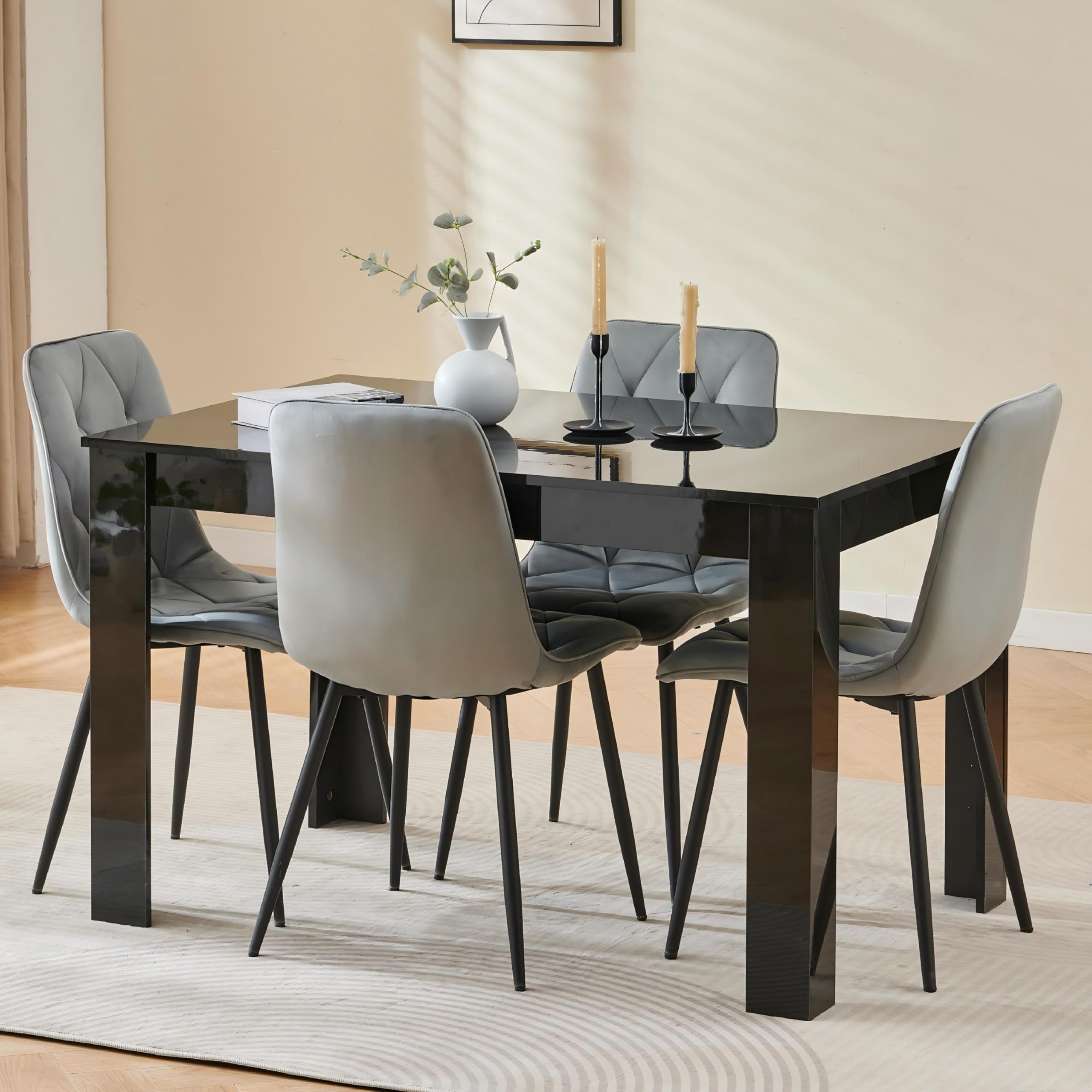 120cm Glossing Dining Table and 4 Chairs, 4 Seater Kitchen Table and Chairs Set for Space Saving, Compact Dining Room Set for 4, 120x80 cm, Wooden, Walnut Black (4 Seaters,Velvet Diamond Grey#5) โ image 1