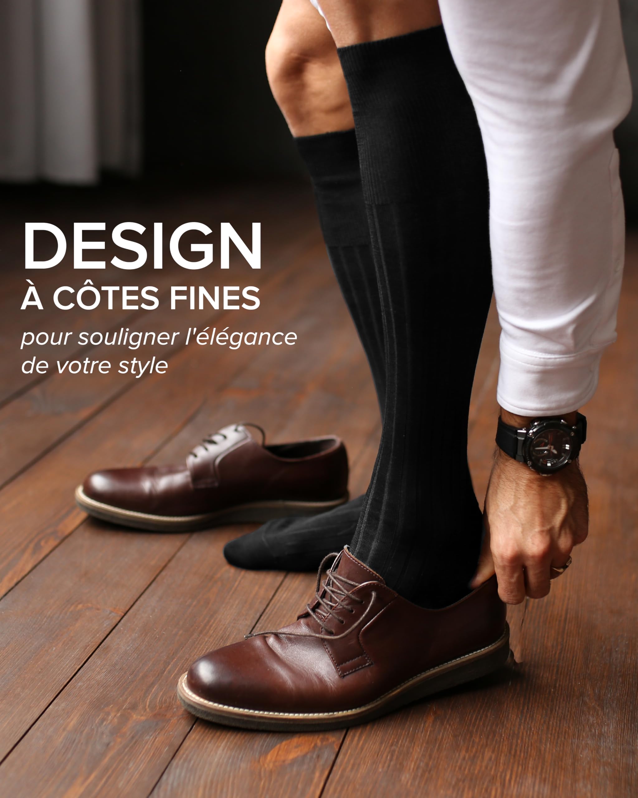 vitsocks Chaussette haute élégante 100% COTON MERCERISÉ Homme (2 PAIRES) fine légère montante mi-bas longs costume côtelée