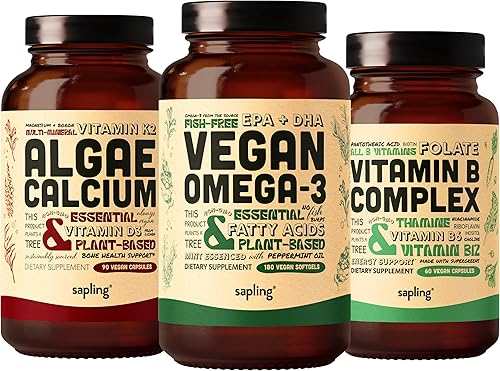Vegano Omega 3 180 cápsulas blandas y algas Calcio y Vitamina B Complejo Bundle DHA y EPA a base de plantas, suplemento de calcio de algas rojas,
