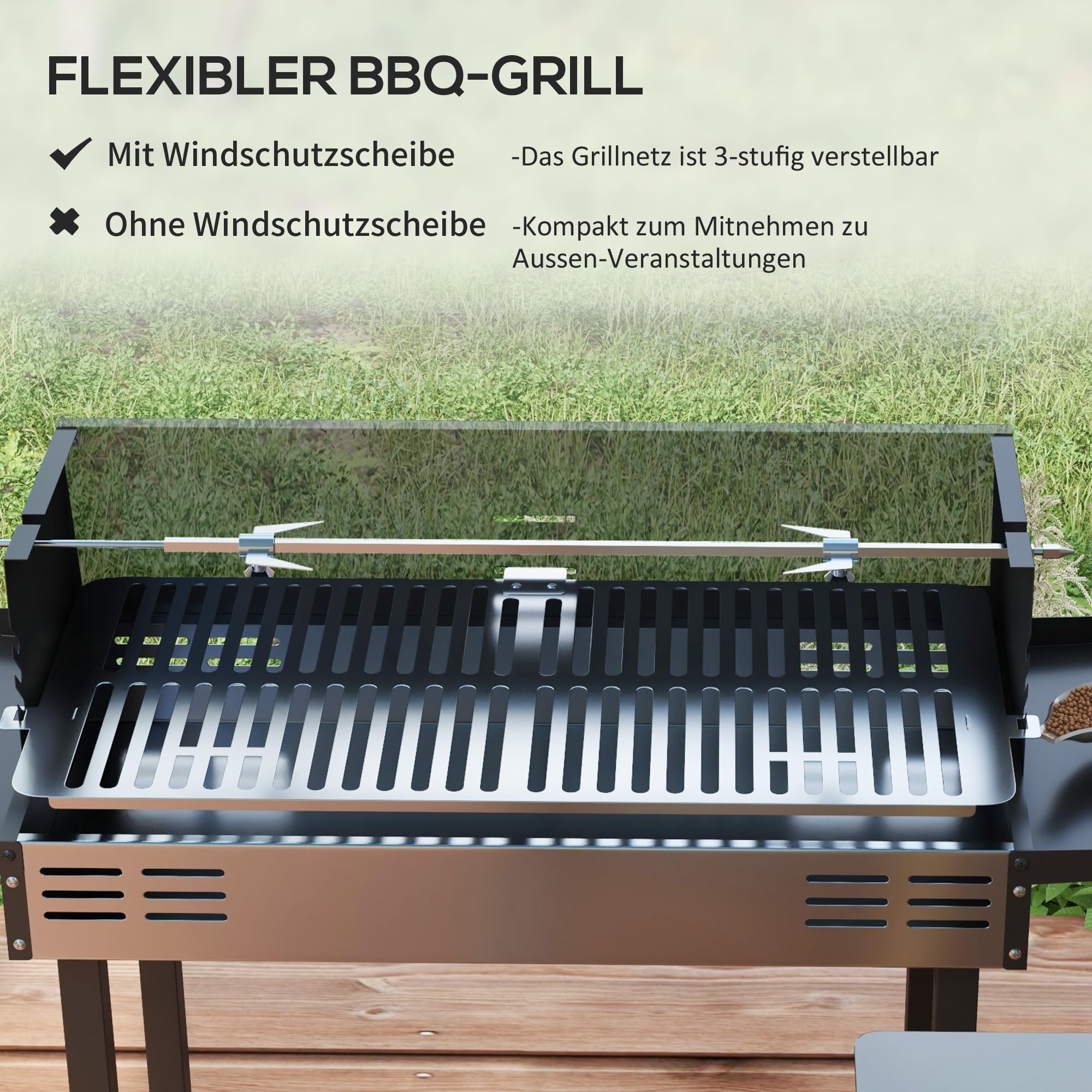 Outsunny Grill na węgiel drzewny, grill kempingowy z rusztem do grillowania i zestawem do rożna, składany, na kemping, do ogrodu, ze stali nierdzewnej + metal, czarny, 118 x 32 x 90 cm
