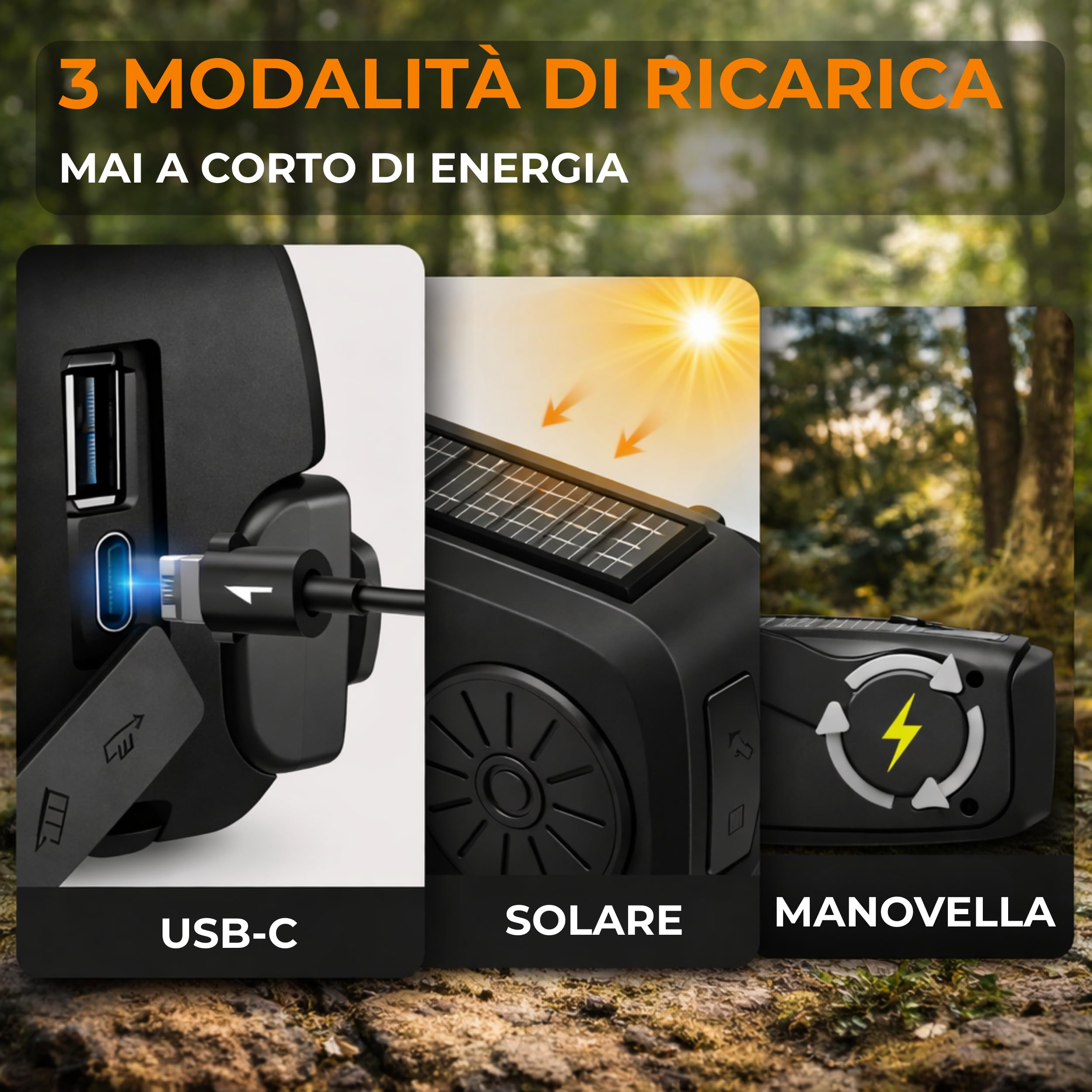 Radio portatile, Stazione meteo, Radiolina portatile, Radio FM/AM/WB, Power bank solare, Radio a Manovella Power Bank 2000 mAh per Ricarica Telefono di Emergenza, Kit di Sopravvivenza (Noir)