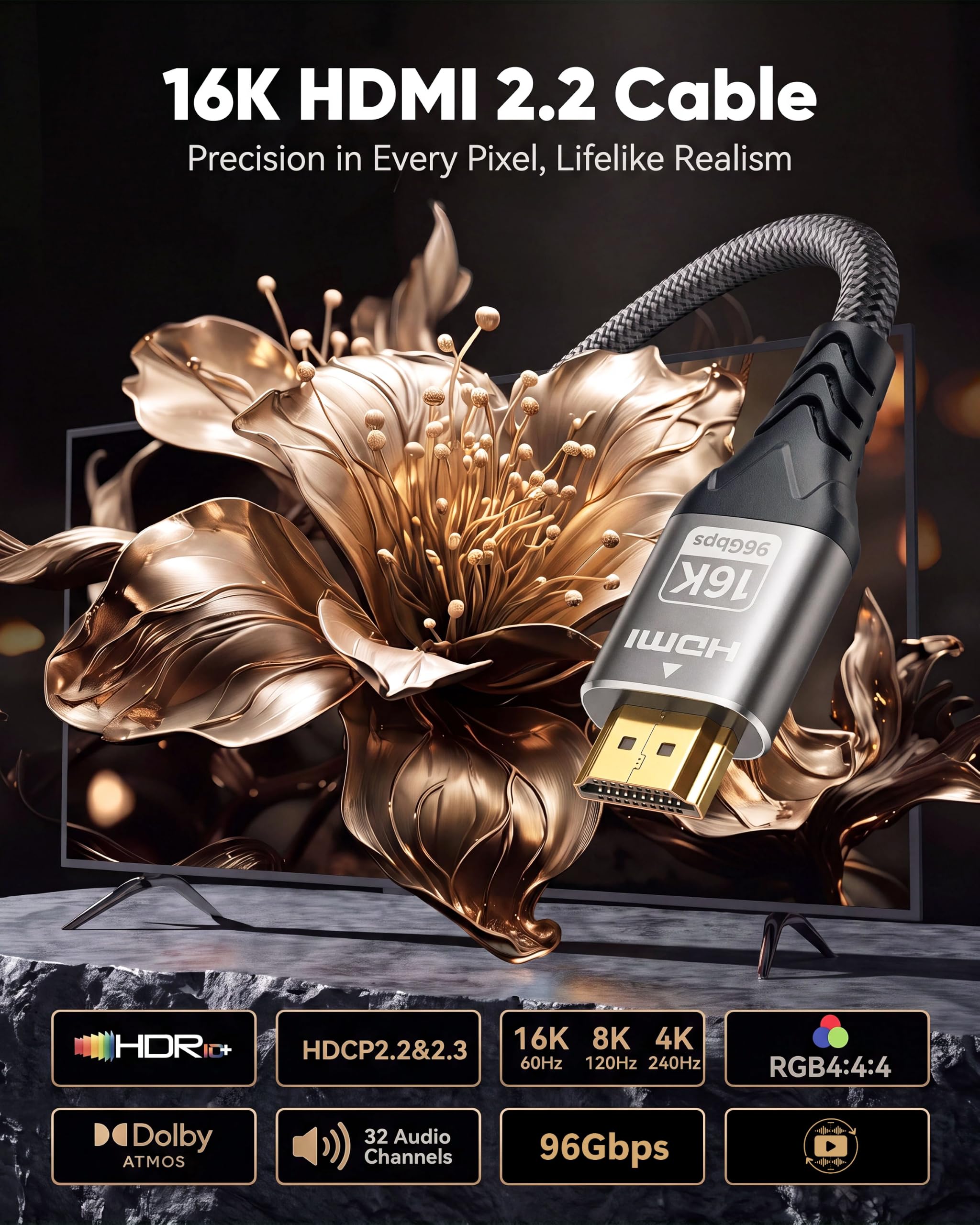 Câble HDMI 2.2 de 4,5 m, 96 Gbit/s, 16K @ 60 Hz, 8K @ 240 Hz, 4K