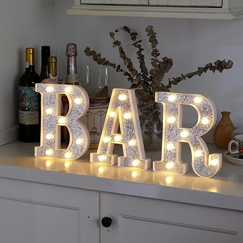 Letrero de barra con purpurina plateada, letras de barra alimentadas con pilas, letras con luz LED para bar en casa, decoración de fiestas