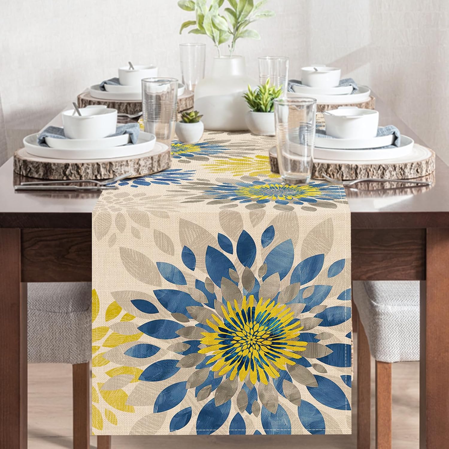 Geometric Dahlia Flower Dining Table Runner, Blue Yellow Floral image 5