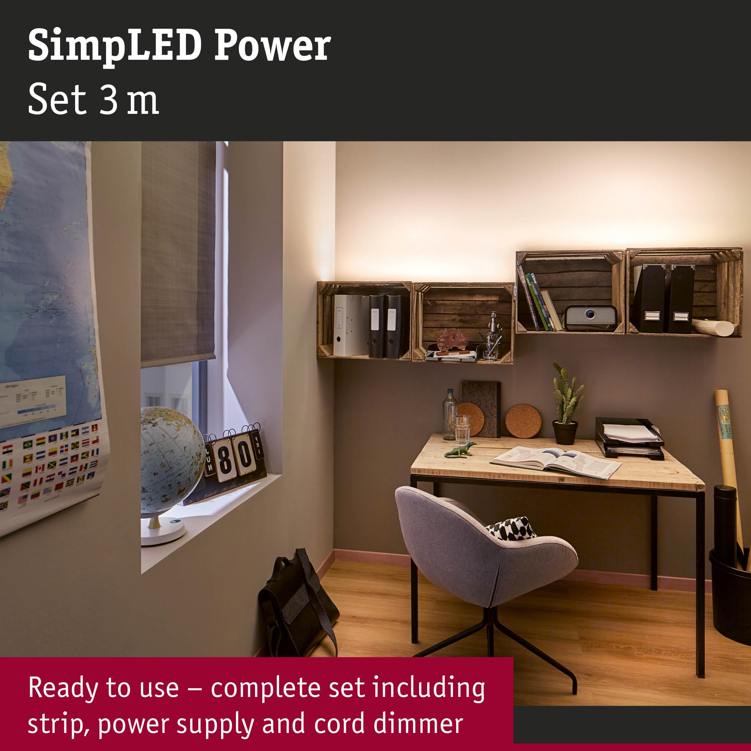 Paulmann 78959 Strip LED SimpLED alimentazione con dimmer su cavo da 3m 1100lm/m incl. 1 dimmerabile da 33 W IP44 bianco striscia luminosa 4000K