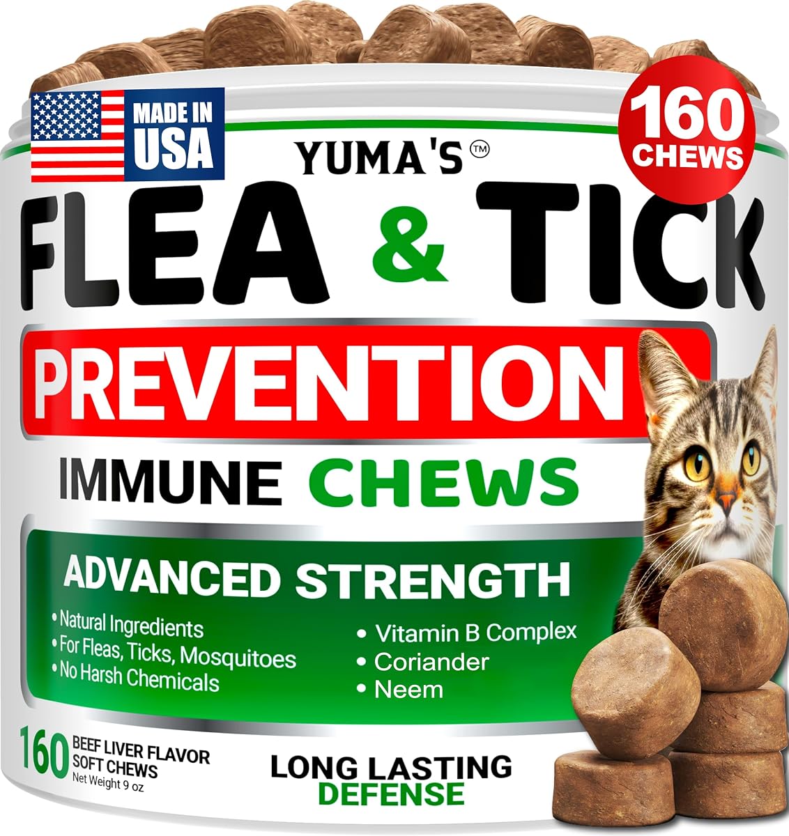 Flea Treatment for Cats - Flea and Tick Prevention for Cats - 160 Treats | Flea and Tick Control Treatment, Natural Oral Supplement Pills for Kittens - All Breeds & Ages - Made in USA