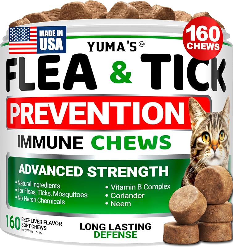 Flea Treatment for Cats - Flea and Tick Prevention for Cats - 160 Treats | Flea and Tick Control Treatment, Natural Oral Supplement Pills for Kittens - All Breeds & Ages - Made in USA