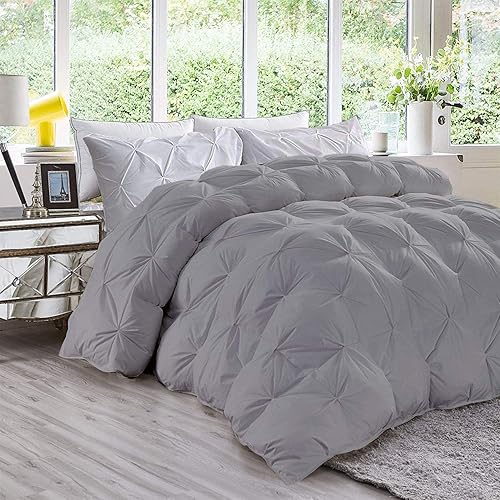 Edredón alternativo de plumón de gran tamaño, 98 x 120 pulgadas, gris plateado sólido, 1 pieza de lujo plisado de 1000 hilos de algodón