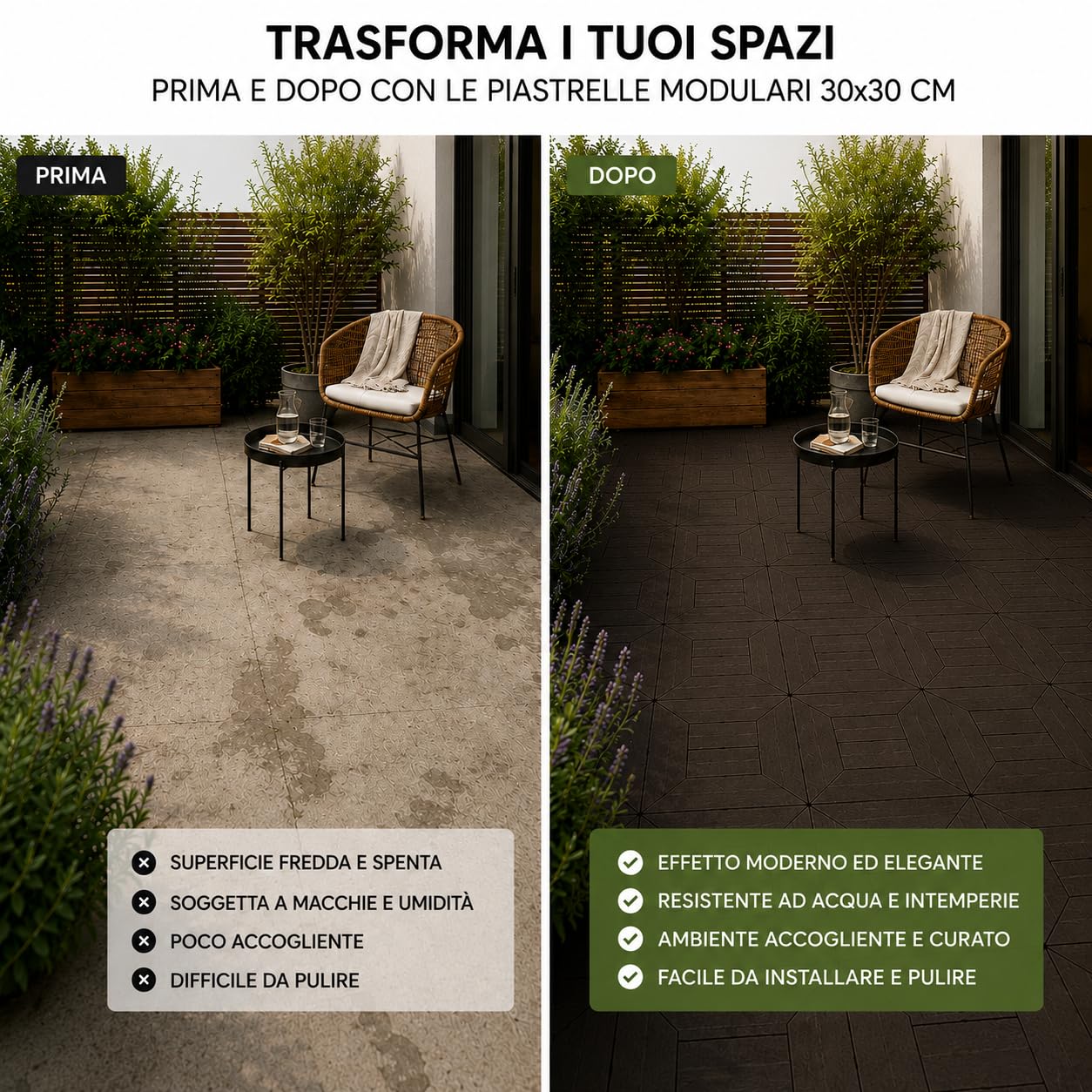 Set di Piastrelle in Plastica Moka 30x30x2h cm - Pavimento Esterno, Giardino, Sistema a Incastro, per Terrazza, Patio, Resistente - Set da (27)