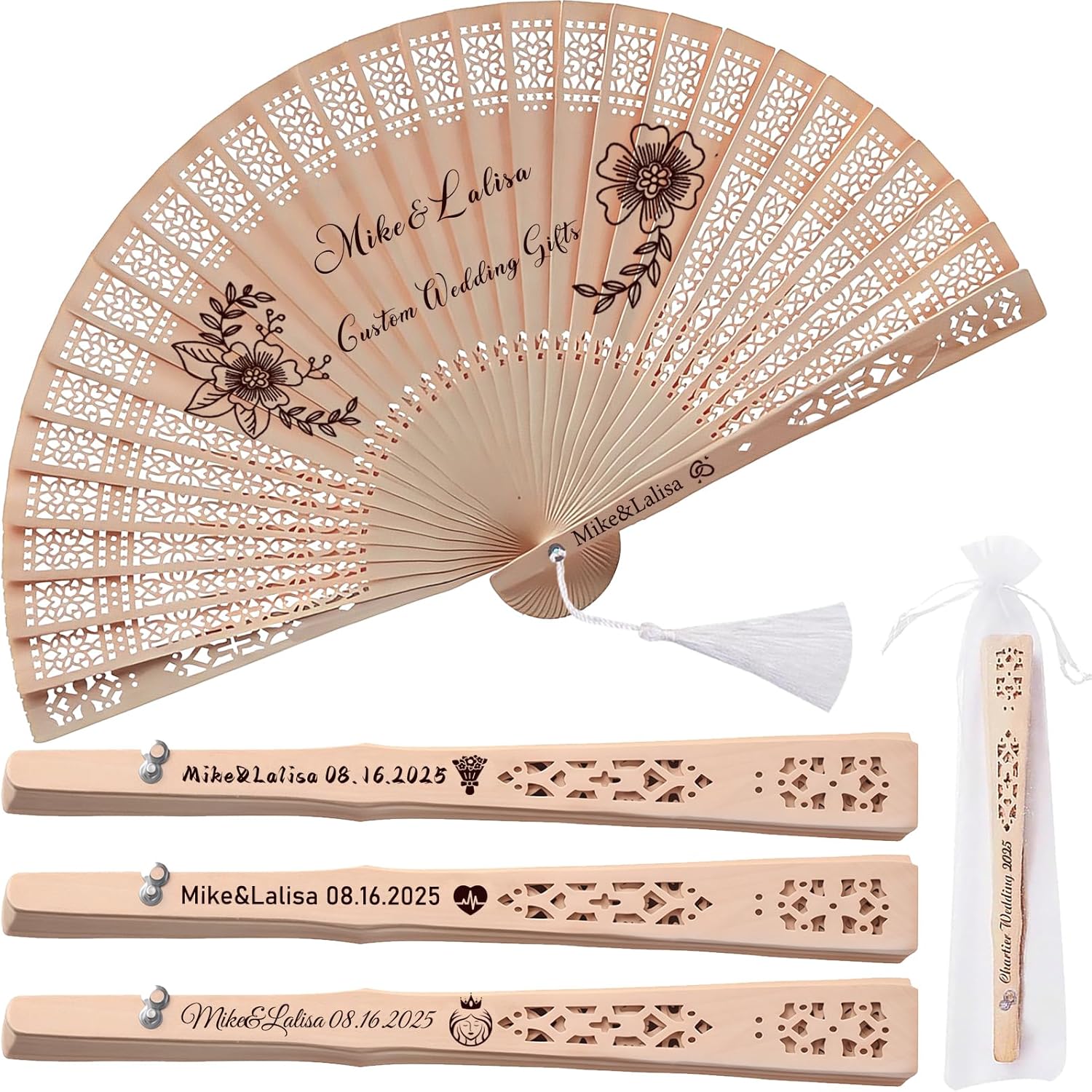 Personalized Handheld Fan,Custom Wedding Fans,Wooden Folding Hand Fans with Organza Bags,Wedding Favors for Guests Bulk (50)