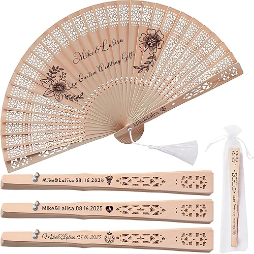 Ventilador de mano personalizado, abanicos de boda personalizados, abanicos de mano plegables de madera con bolsas de organza, recuerdos de boda 30