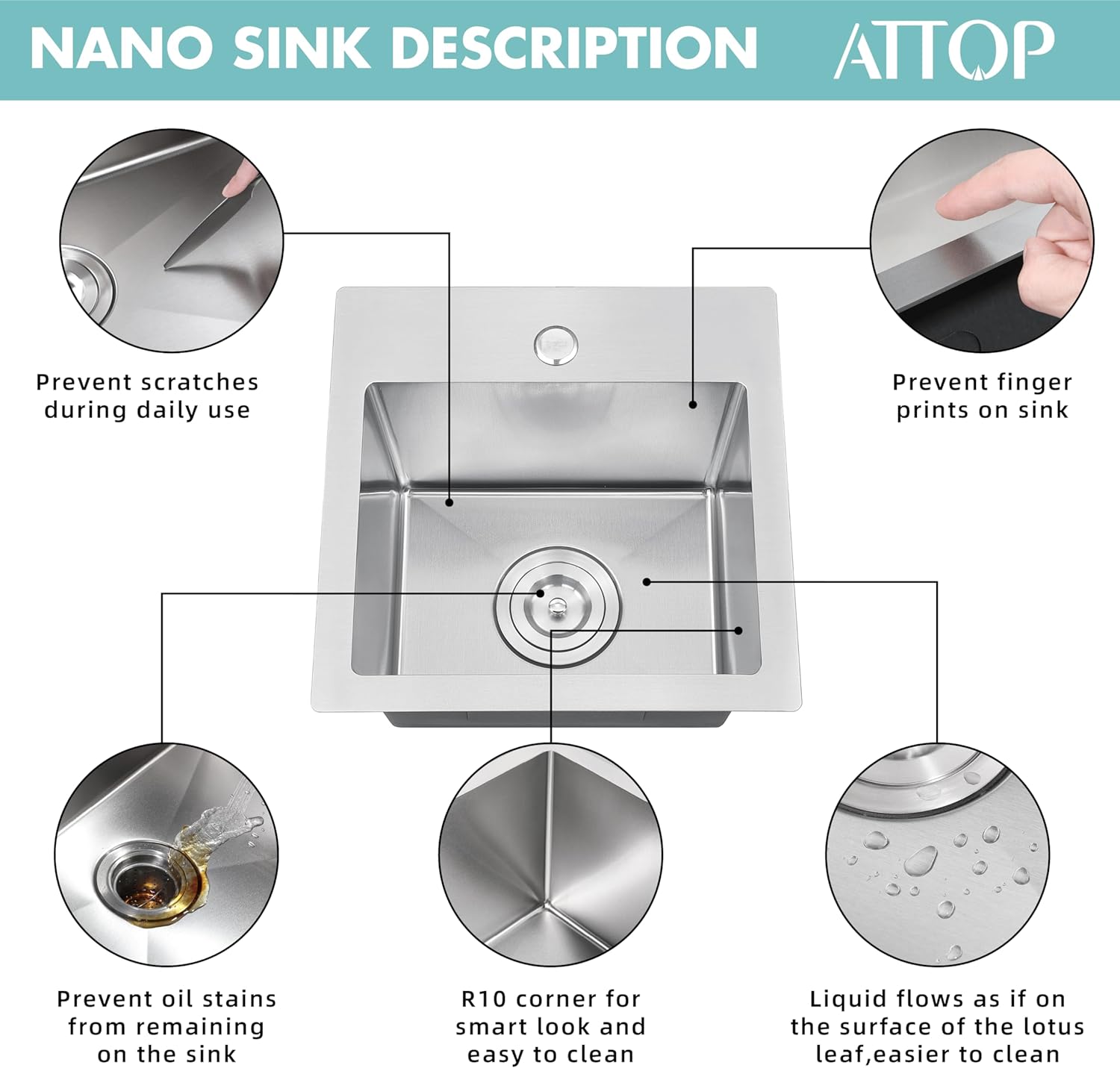 ATTOP 15 Inch Drop in Bar sink,9 inch deep Nano Coating Stainless Steel Drop in Single Bowl Sink Small Kitchen Sink