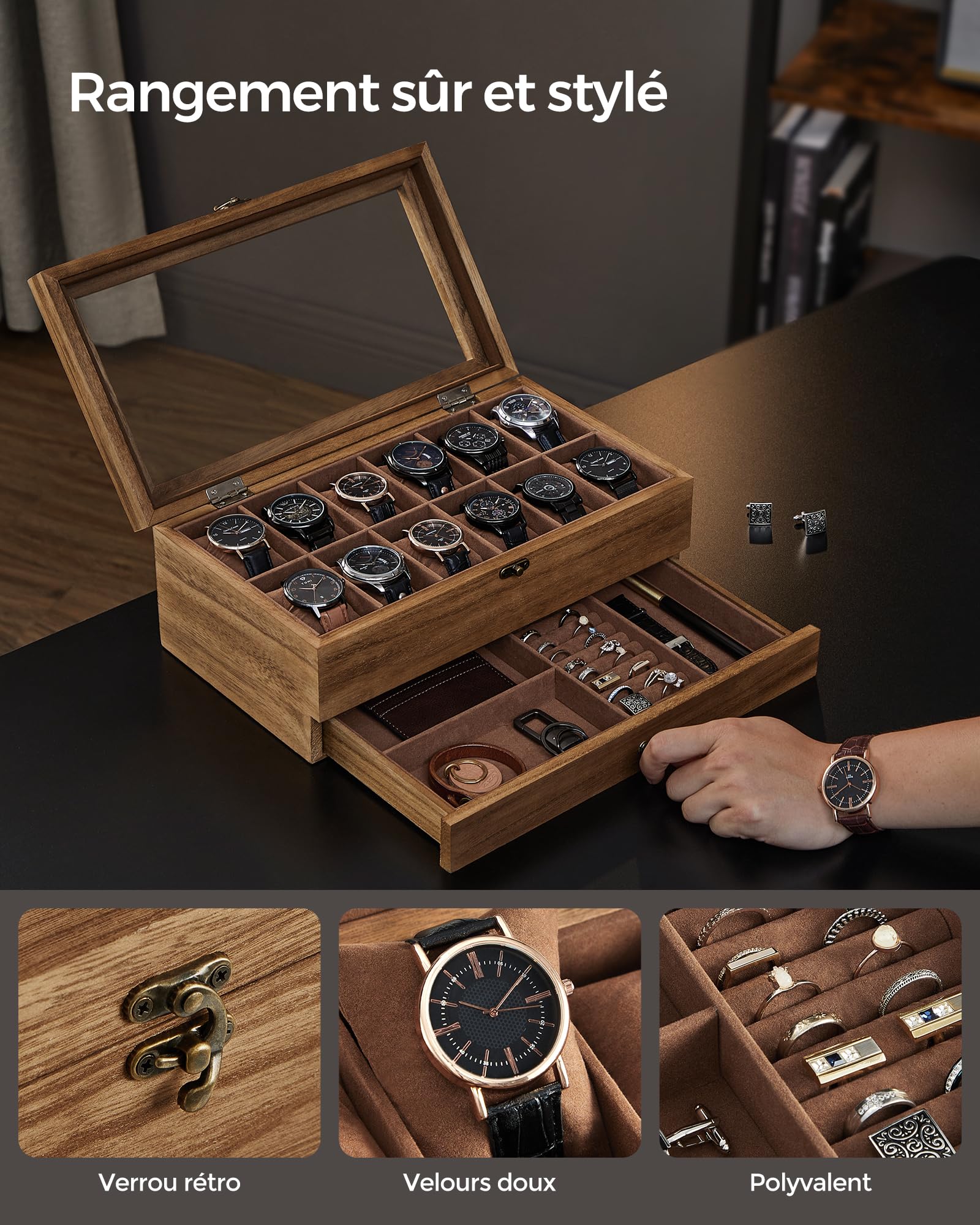 SONGMICS Boîte à Montres 12 Emplacements, Écrin à Montres en Bois, avec Couvercle en Verre, Coussinets pour Montres, Doublure en Velours, Coffre à Bijoux, Couleur Noisette JOW012K01