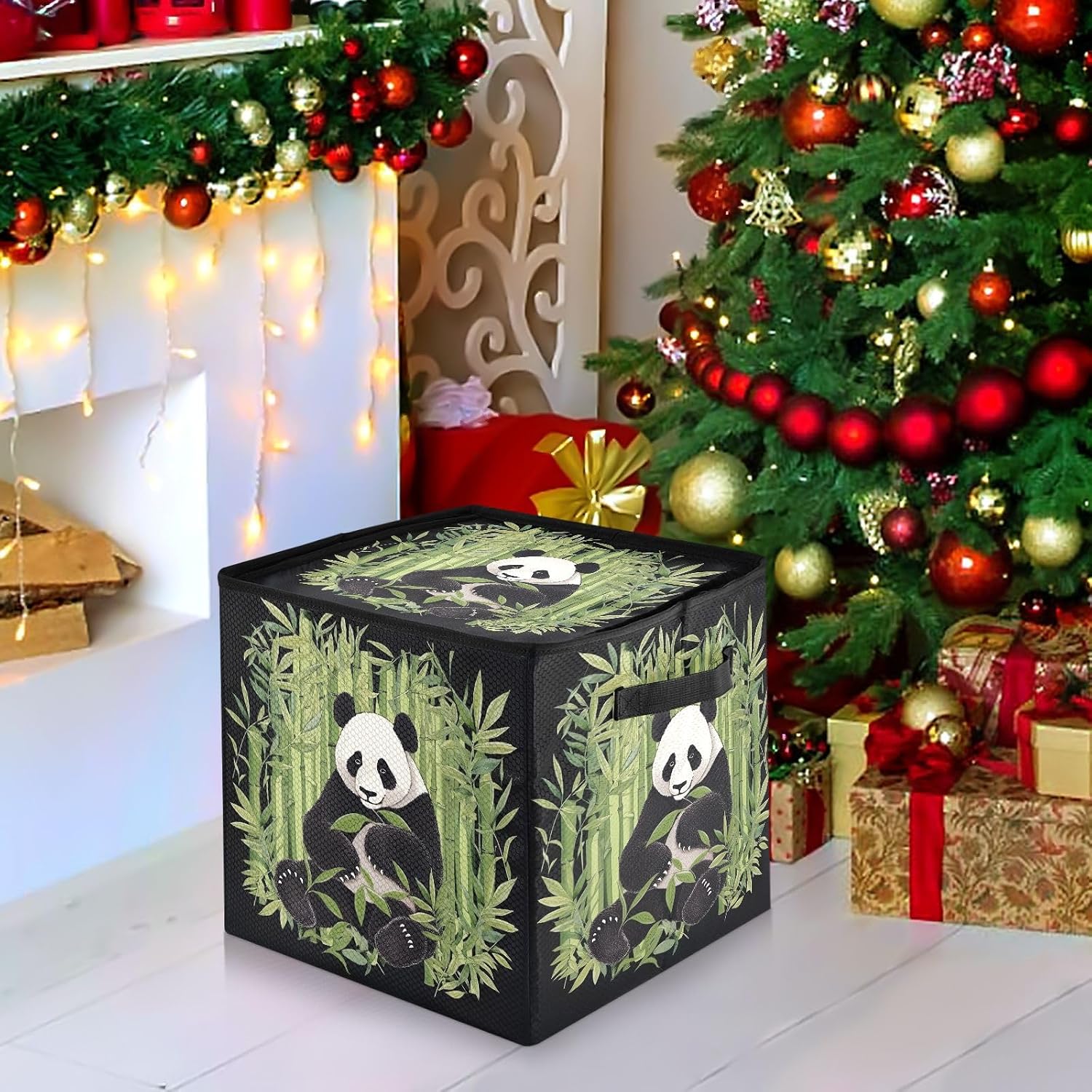 Panda Bear Black 13 Inch Christmas Ornament Storage Box with Lid - Holiday Decor Storage Containers, Stores 64 Ornaments, 3 Inch Cube Compartments