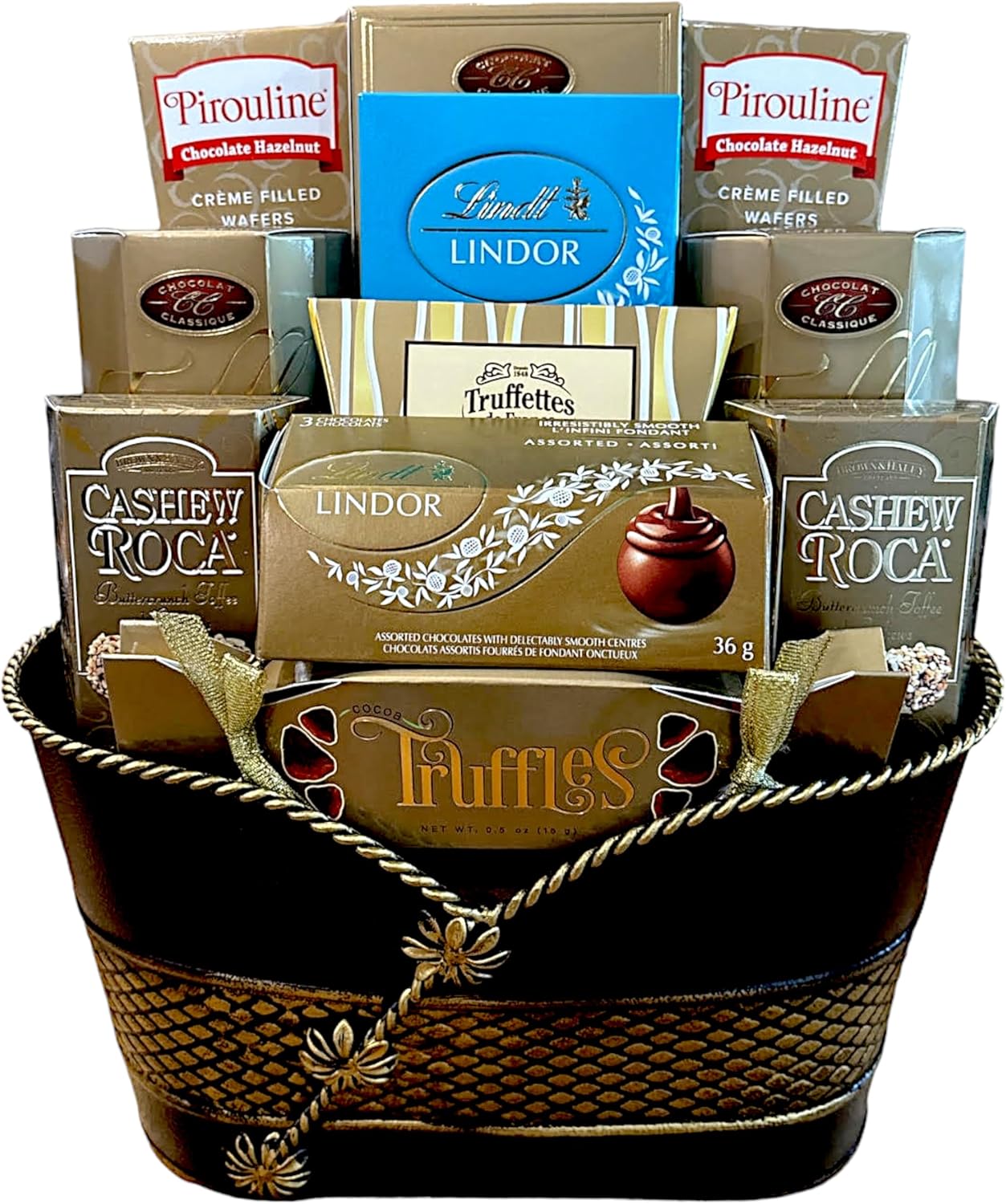 Chocolate Treats Gift Baskets - Includes cocoa truffles, milk chocolates, caramel and sea salt chocolates, and more.