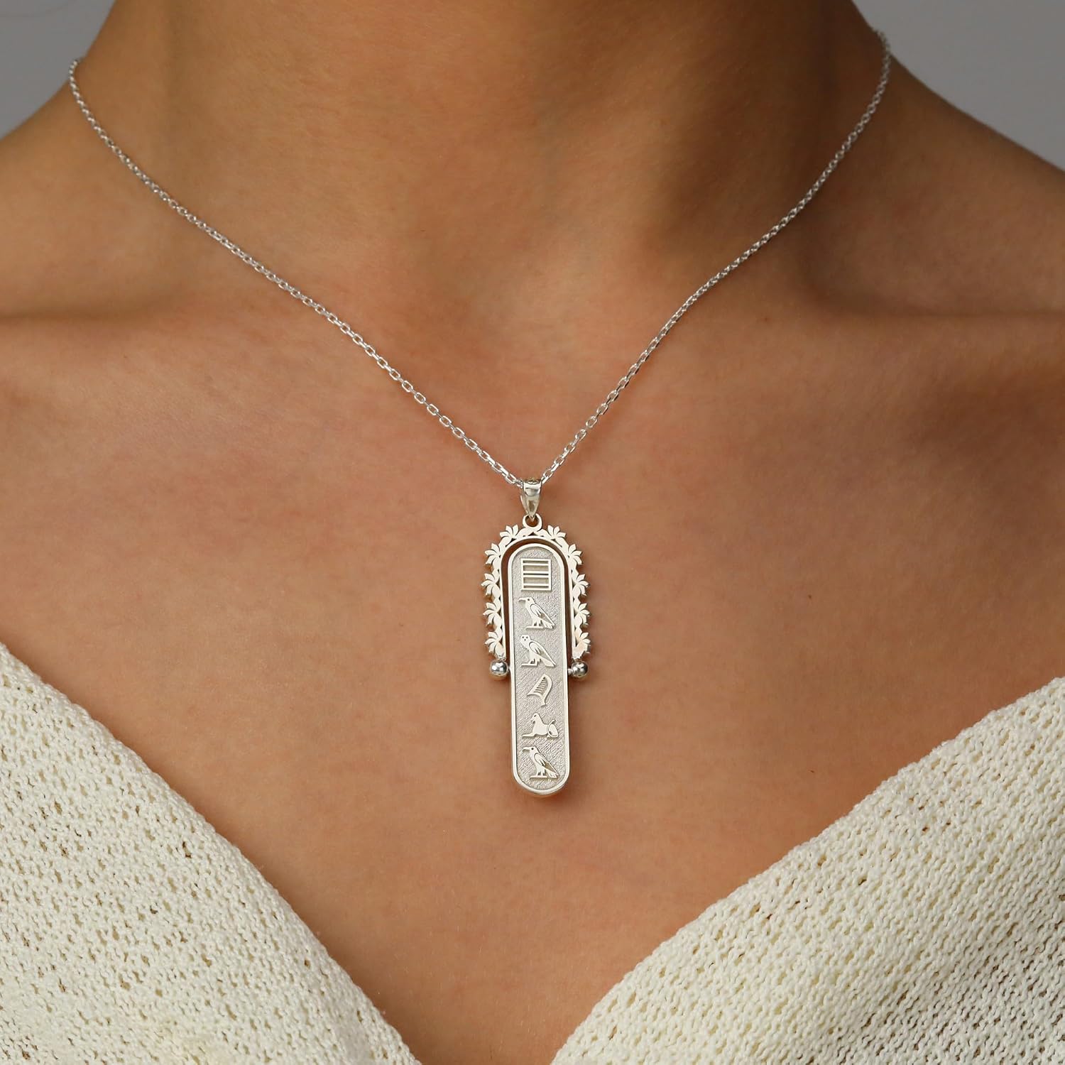 Egyptian Cartouche Necklace Gold, Spinning Double-Sided Personalized Name Pendant with Floral Detail, Unique Gift for Women
