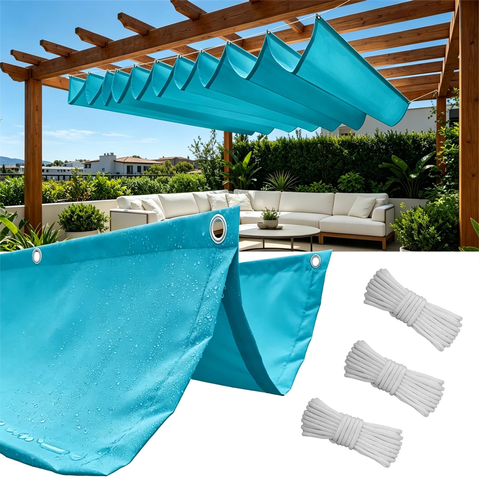 Toldo Retráctil de Onda 100 x 400 cm con Ojales y Cuerda, Vela Sombra Impermeable y Rectangular con Bloqueo UV y Resistencia a Desgarros para Terraza Jardín Balcón Pérgola, Azul Cielo