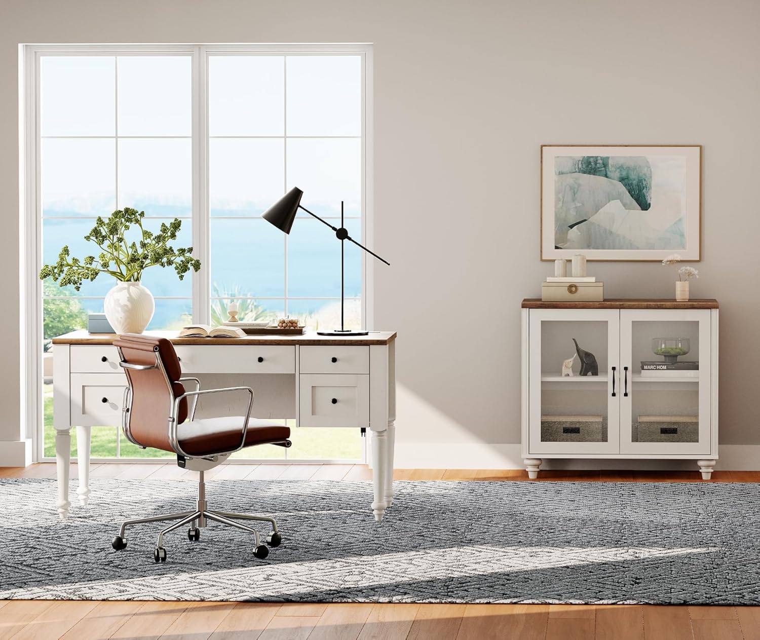 WAMPAT Home Office Furniture Set, 56" Executive Desk with Charging Station, Farmhouse Cabinet with Glass Doors, Wood Computer Desk with File Cabinet Storage, Open Shelf, White