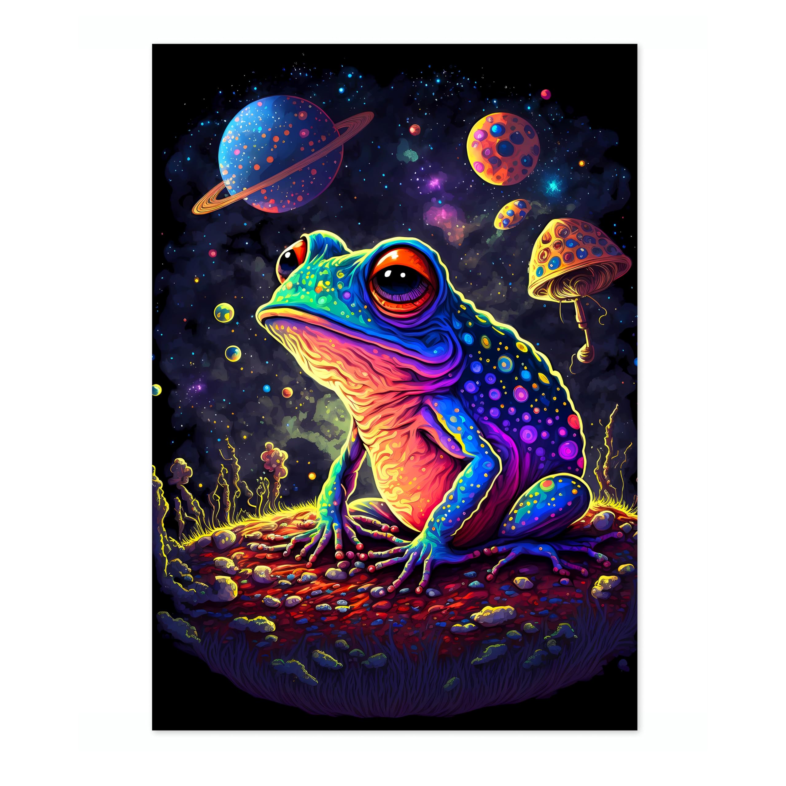 Psychedelic Space Frog Space Poster, Colourful Abstract Astronomy Wall Art Home Decor, Astronaut Planets Print, Archival Matte, A2 (Print Only) - 59.4x42cm