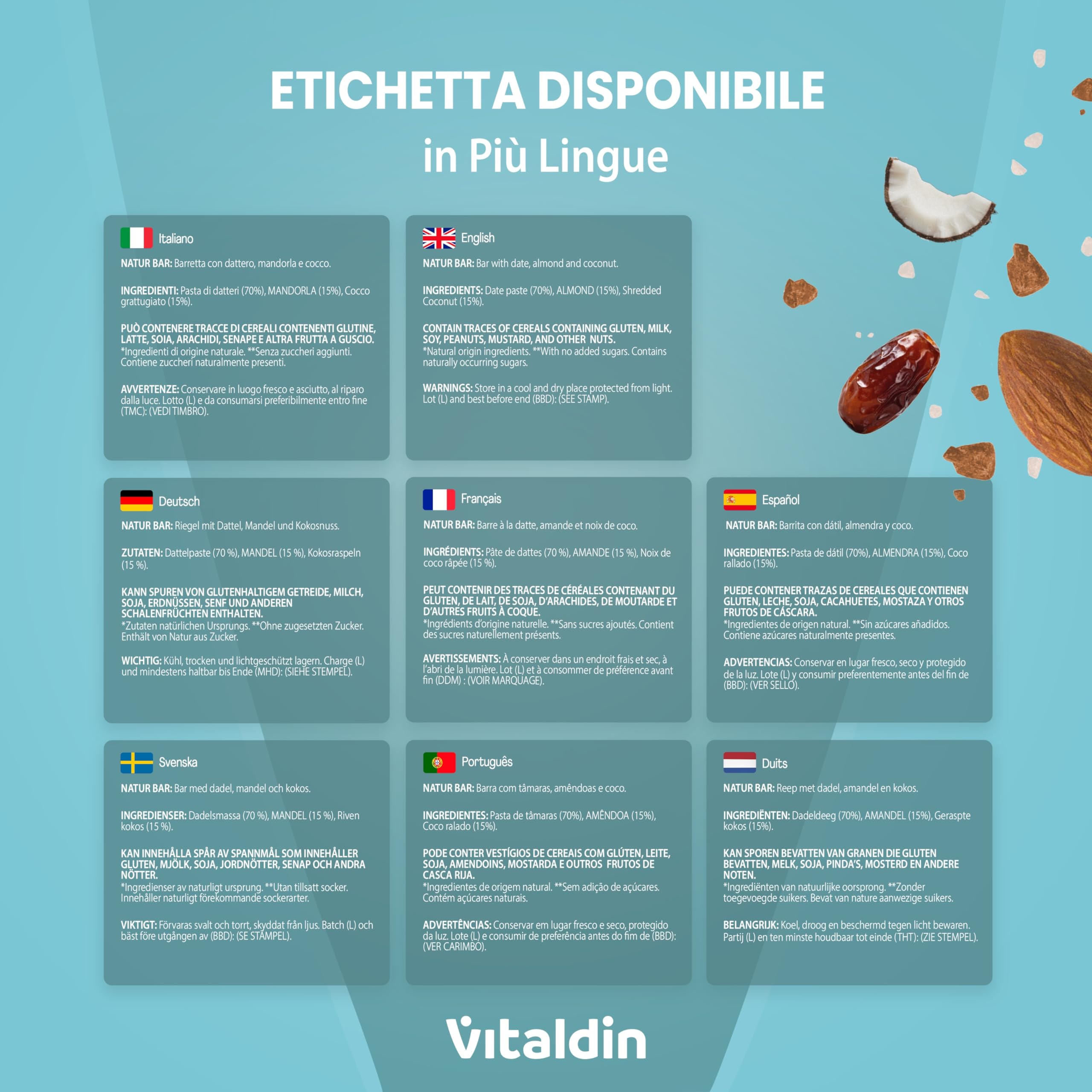 VITALDIN Barrette Energetiche Natur Bar Mandorla e Cocco – Senza Zuccheri Aggiunti e Vegane – Barrette Naturali con Datteri e Frutta Secca – Confezione da 12 x 40g