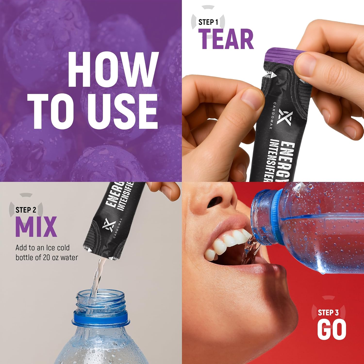 CardoMax - Energy Drink Packets - Liquid Preworkout for Men & Women Caffeine Packets with BCAA, Vitamin B12, Vitamin B6 & B3 - Sugar-Free, Zero Calorie, Vegan & Keto - 15 Stick Packs - Grape