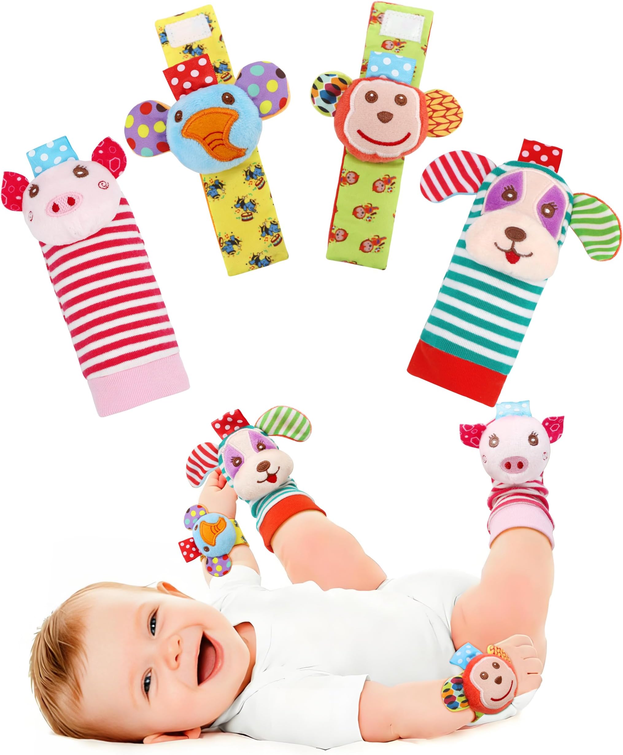 SSK Soft Baby Wrist Rattle Foot Finder Socks Set,Cotton and Plush Stuffed Infant Toys,Birthday Holiday Birth Present for Newborn Boy Girl 0/3/4/6/7/8/9/12/18 Months Kids Toddler,4 Cute Animals