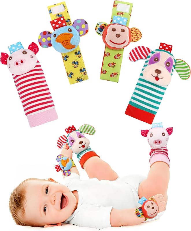 Soft Baby Wrist Rattle Foot Finder Socks Set,Cotton and Plush Stuffed Infant Toys,Birthday Holiday Birth Present for Newborn Boy Girl 0/3/4/6/7/8/9/12/18 Months Kids Toddler,4 Cute Animals