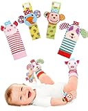 SSK Soft Baby Wrist Rattle Foot Finder Socks Set,Cotton and Plush Stuffed Infant Toys,Birthday Holiday Birth Present for Newborn Boy Girl 0/3/4/6/7/8/9/12/18 Months Kids Toddler,4 Cute Animals