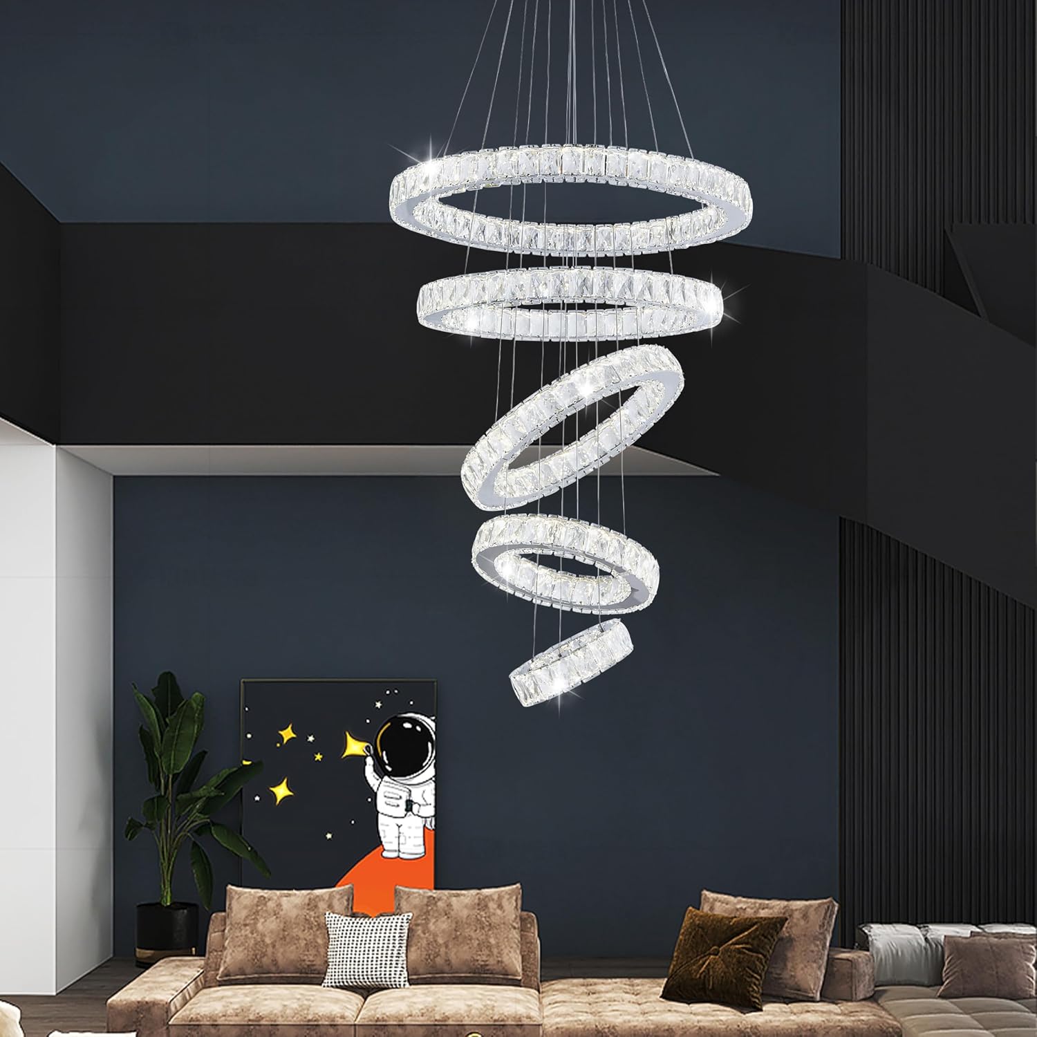 23.6" 5-Ring Crystal Chandeliers Modern Led Chandelier Contemporary Ring Chandeliers Silver Large Crystal Chandelier High Ceiling Adjustable Large Crystals Light Fixture for Living Room