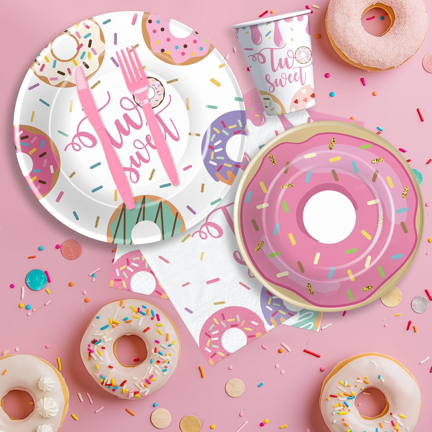 APOWBLS Donut Two Sweet Birthday Decorations Tableware Girl - Pink Donut 2nd Birthday Party Supplies, Paper Plate, Cup, Napkin, Tablecloth, Disposable Cutlery | Serves 24 - Image 7