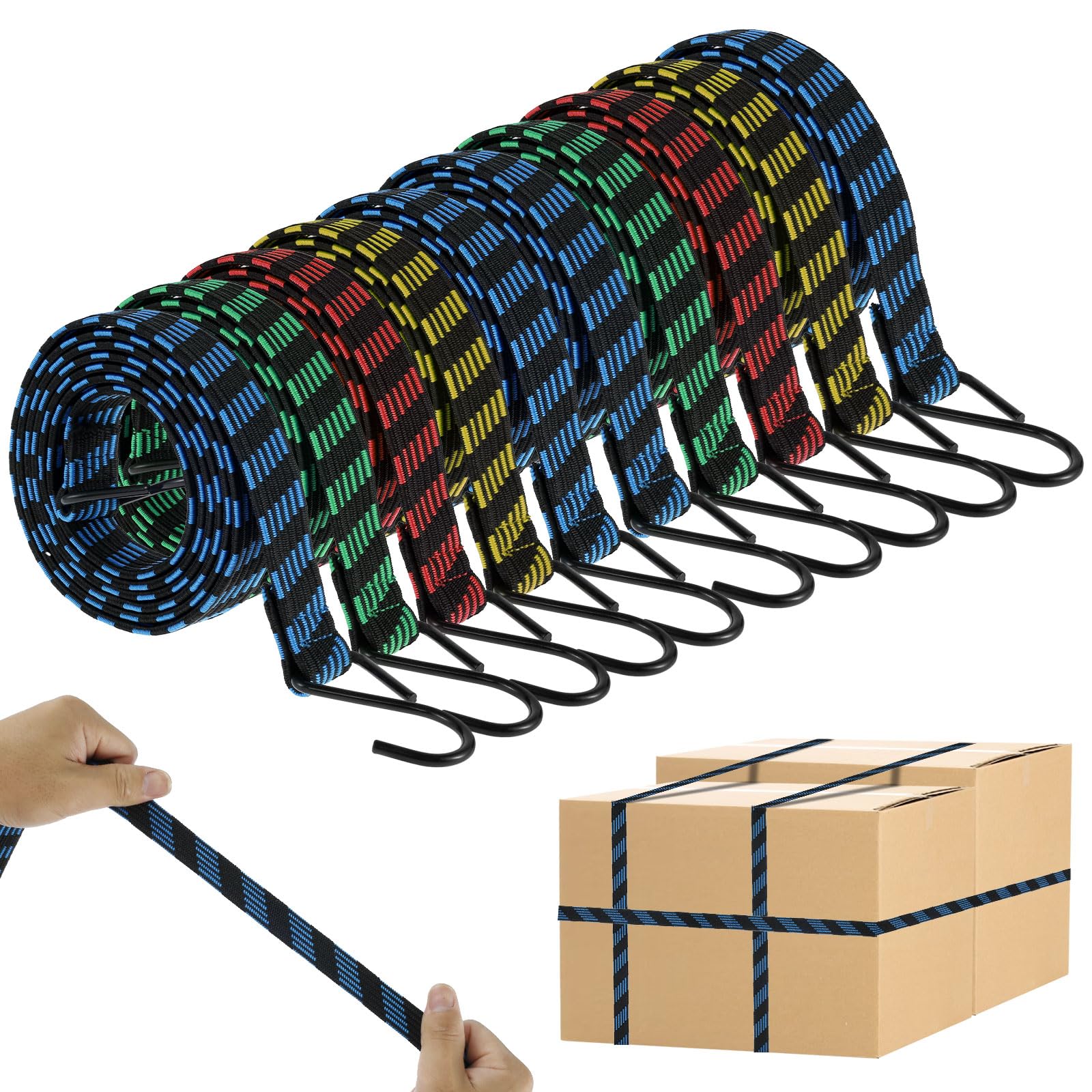 Extra Long Bungee Cords with Hooks (10 Pack), 2m to 4.7m Heavy Duty Flat Bungee Straps for Luggage, Roof Racks, Garden Furniture and Camping