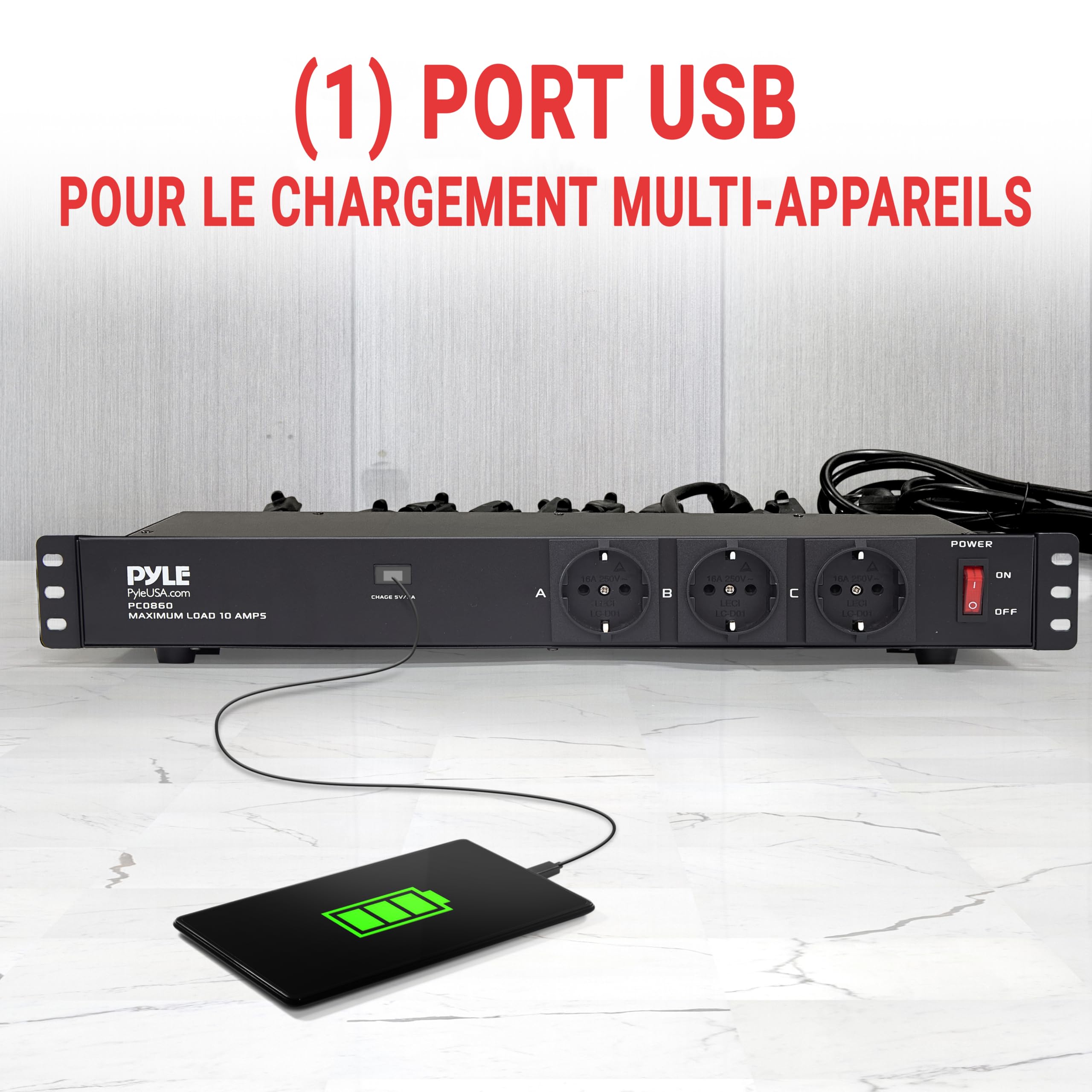 Pyle Multiprise Parafoudre 12 Prises Rack 19” 1U – PDU Électrique avec Ports USB, Disjoncteur 15A, Protection Surtension, Câble 4,5 m – Prise Informatique Haute Puissance – Noir