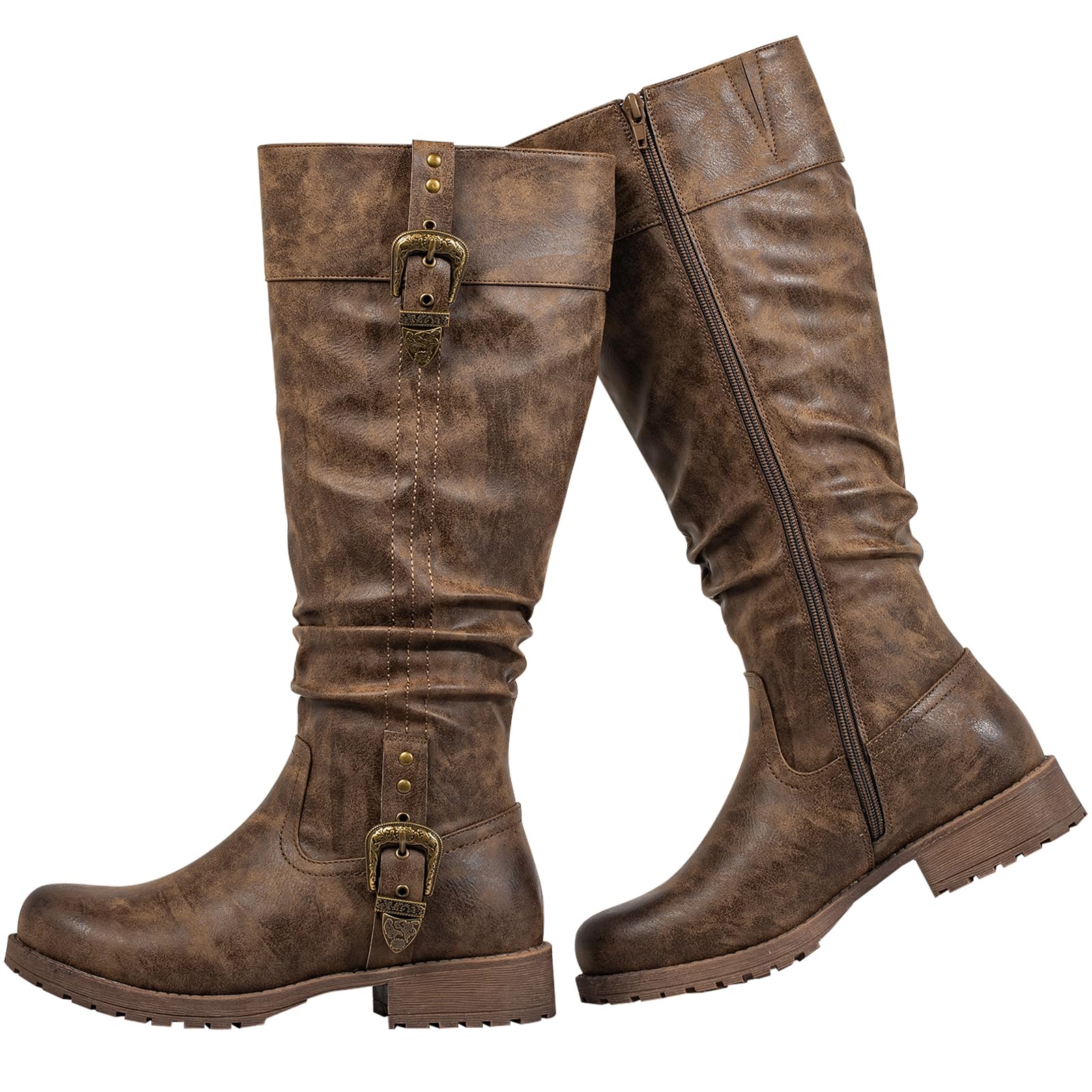 SheSole Knee High Boots Women Wide Calf with Decorative Buckle Hidden Stretch Panel Riding Boots with Side Zipper