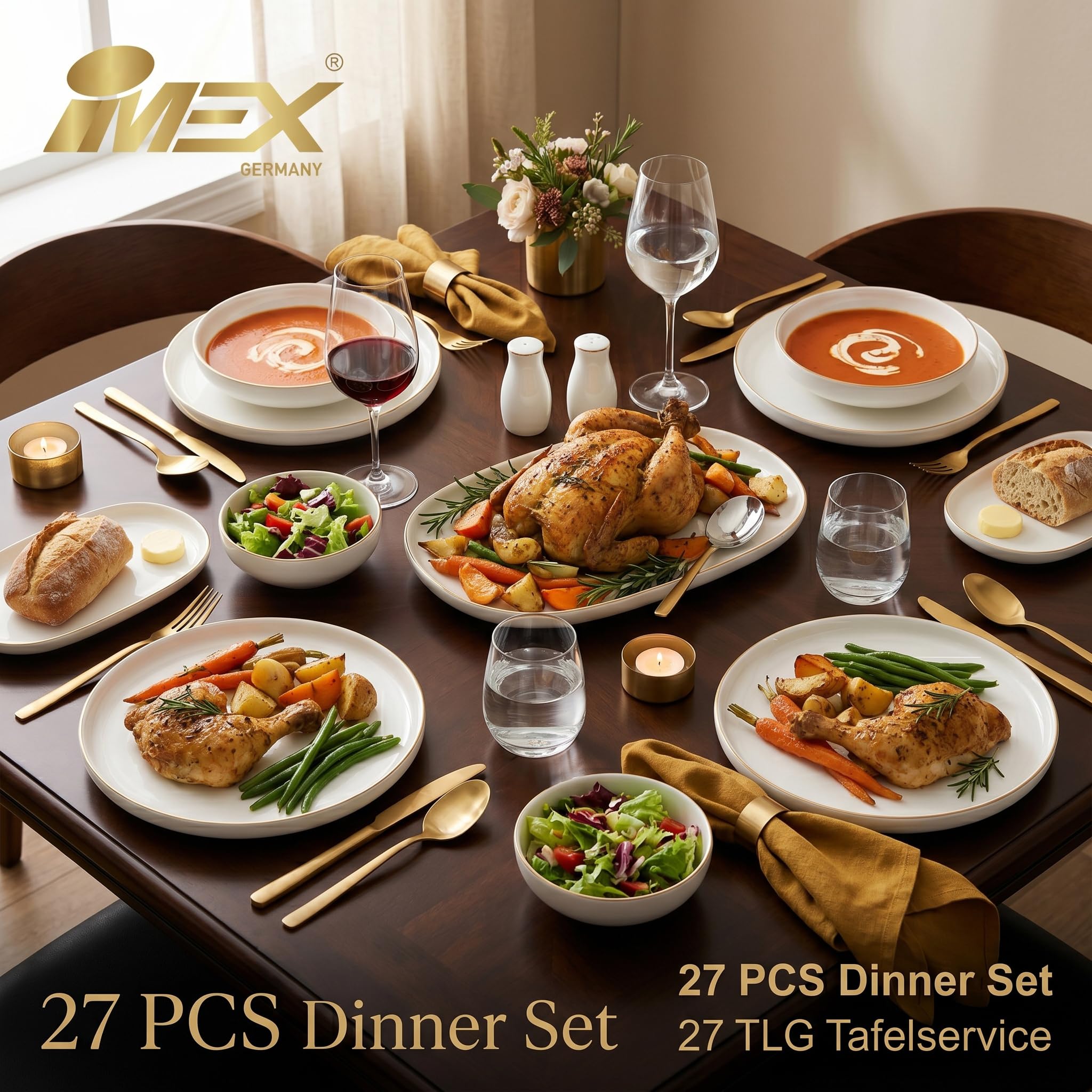 IMEX Germany 27-częściowy zestaw zastawy stołowej ze złotą krawędzią dla 6 osób | luksusowy zestaw naczyń porcelanowych w kolorze białym i złotym | elegancki serwis kombi z półmiskiem do serwowania i
