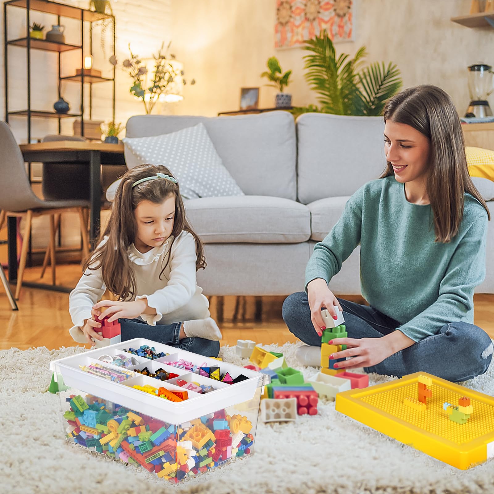 Greentainer Aufbewahrungsbox Spielzeug mit Deckel & AbnehmbaresTablett,3er Spielzeug Box aus PP,Aufbewahrungskorb Kinder,Spielzeugkiste für Kinderzimmer Aufbewahrungsbehälter für Blöcke(Gelb)