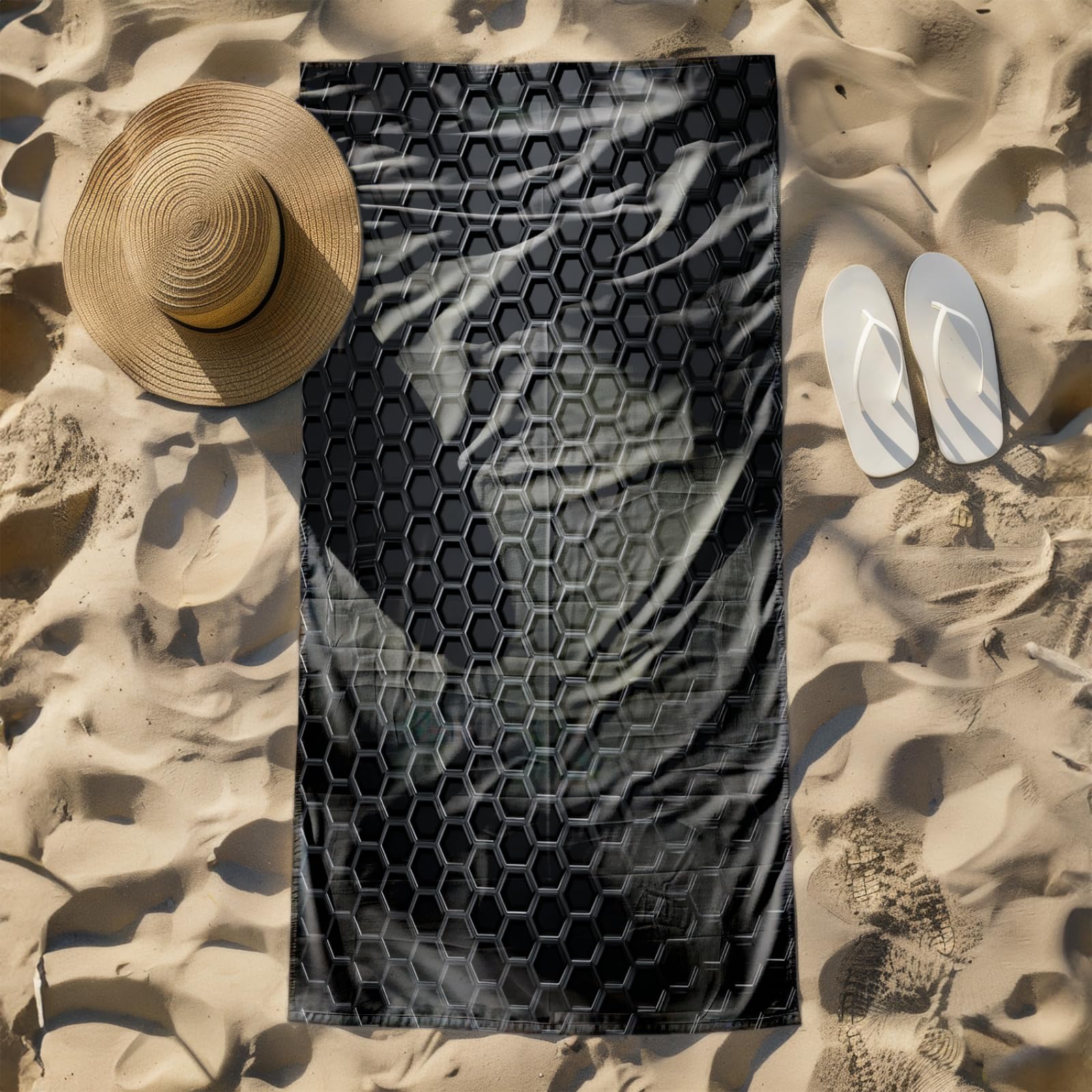 Telo Mare Grande Modello Geometrico Nero | Microfibra Telo Mare Antisabbia Leggero Compatto Asciugatura Rapida Assorbente Per Piscina Bagno Lavabile Fino