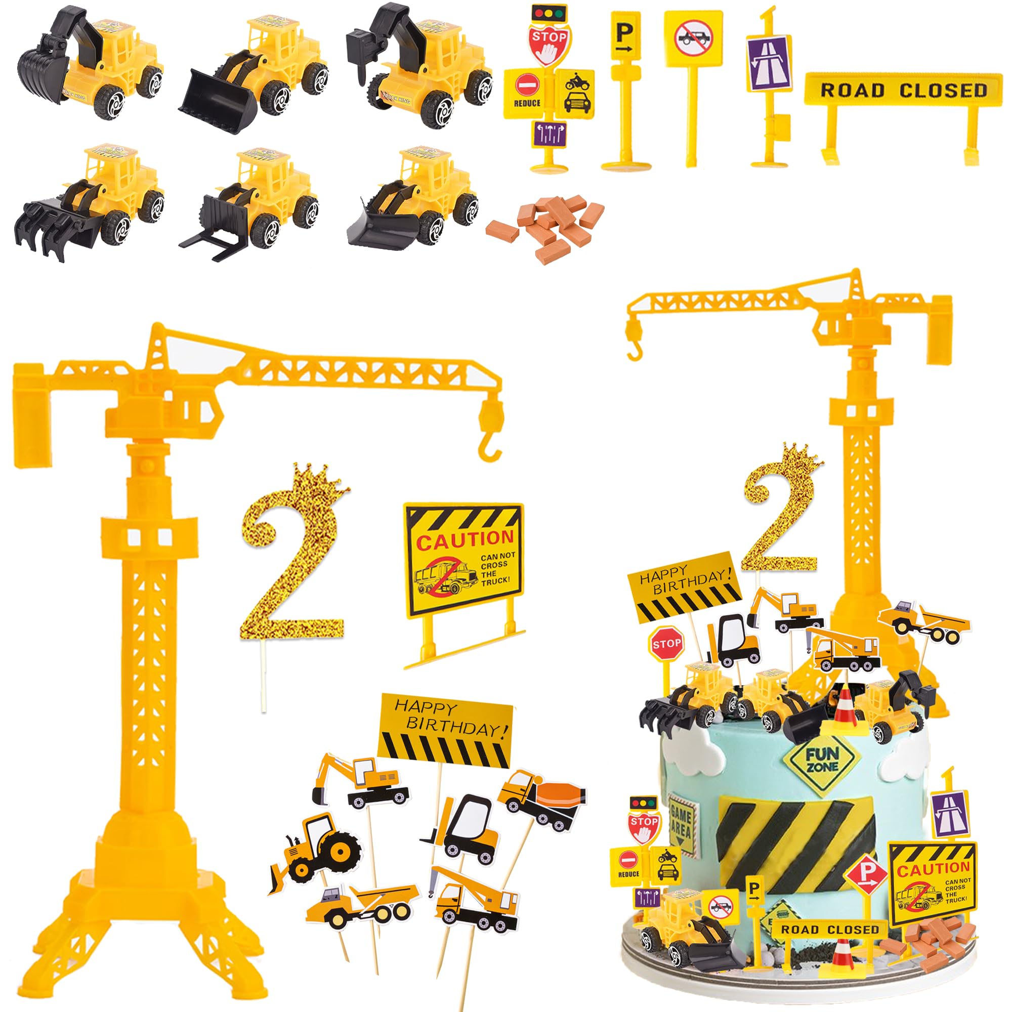 Construction Cake Toppers Party Decorations - 34 Pieces Digger Cake Topper Set Excavator Tower Crane Road Toy Sign Decor for Construction Theme 2nd Birthday Party Supplies